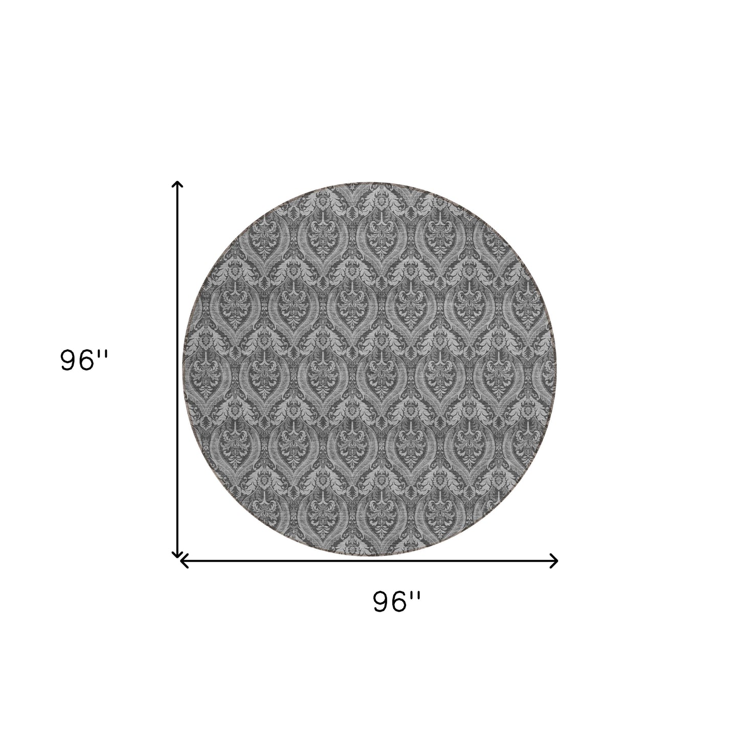 8' Round Gray Round Damask Washable Non Skid Indoor Outdoor Area Rug