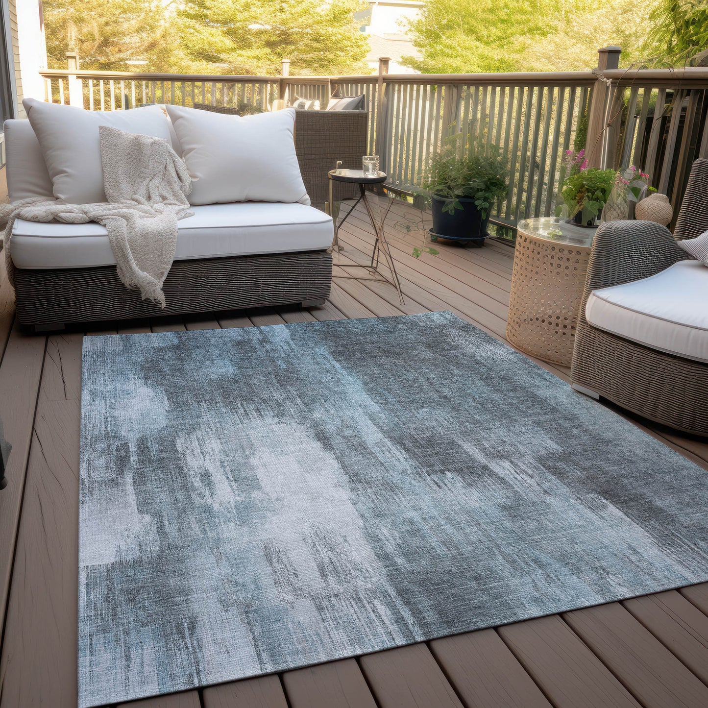 5' X 8' Teal Abstract Washable Non Skid Indoor Outdoor Area Rug