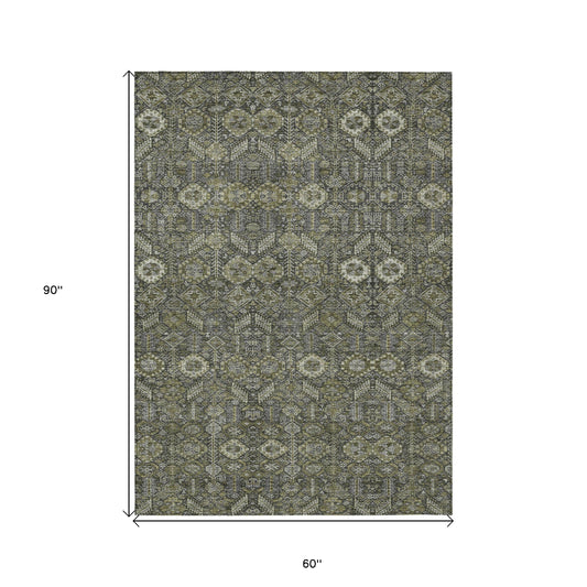 5' X 8' Moss Green and Gray Floral Washable Non Skid Indoor Outdoor Area Rug