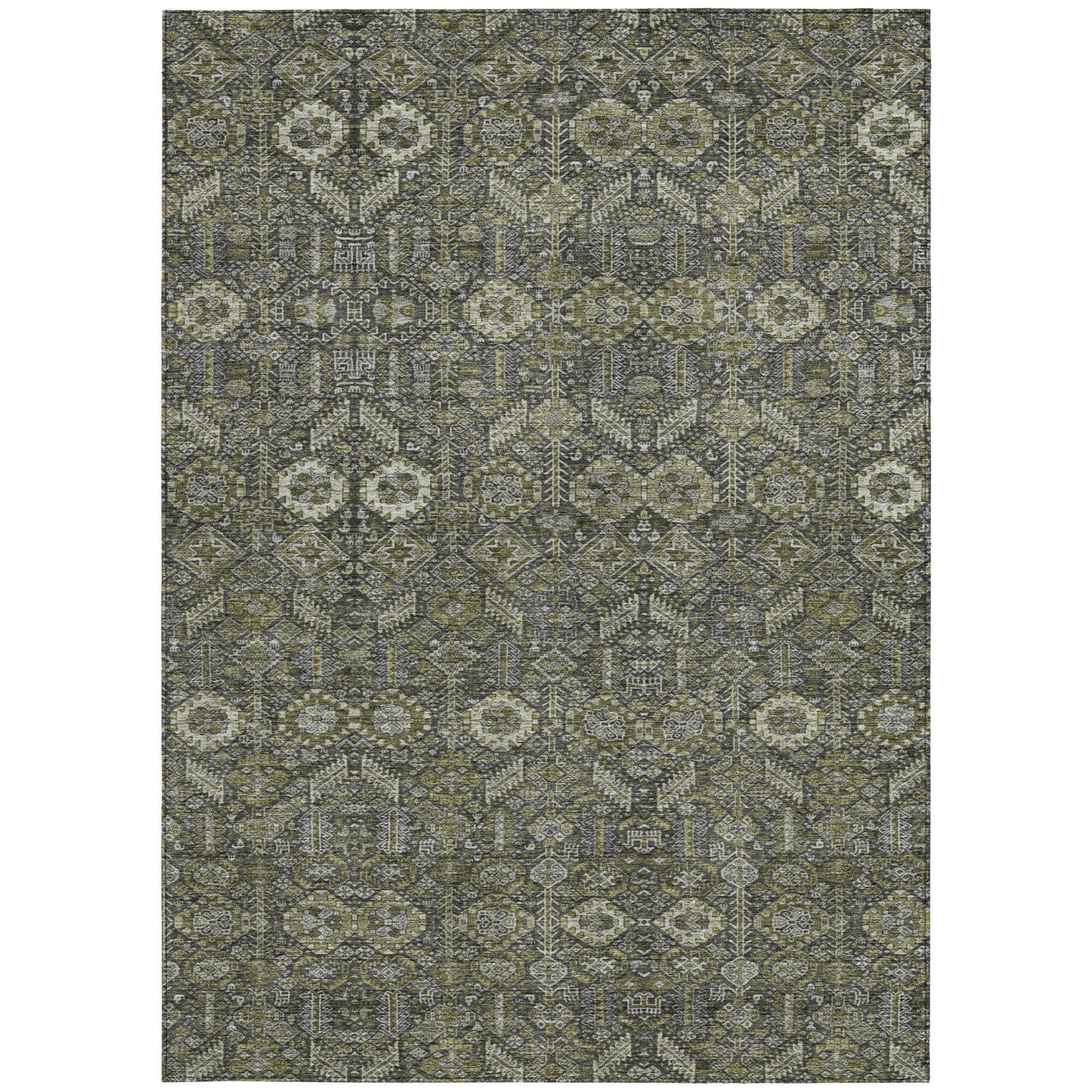 5' X 8' Moss Green and Gray Floral Washable Non Skid Indoor Outdoor Area Rug