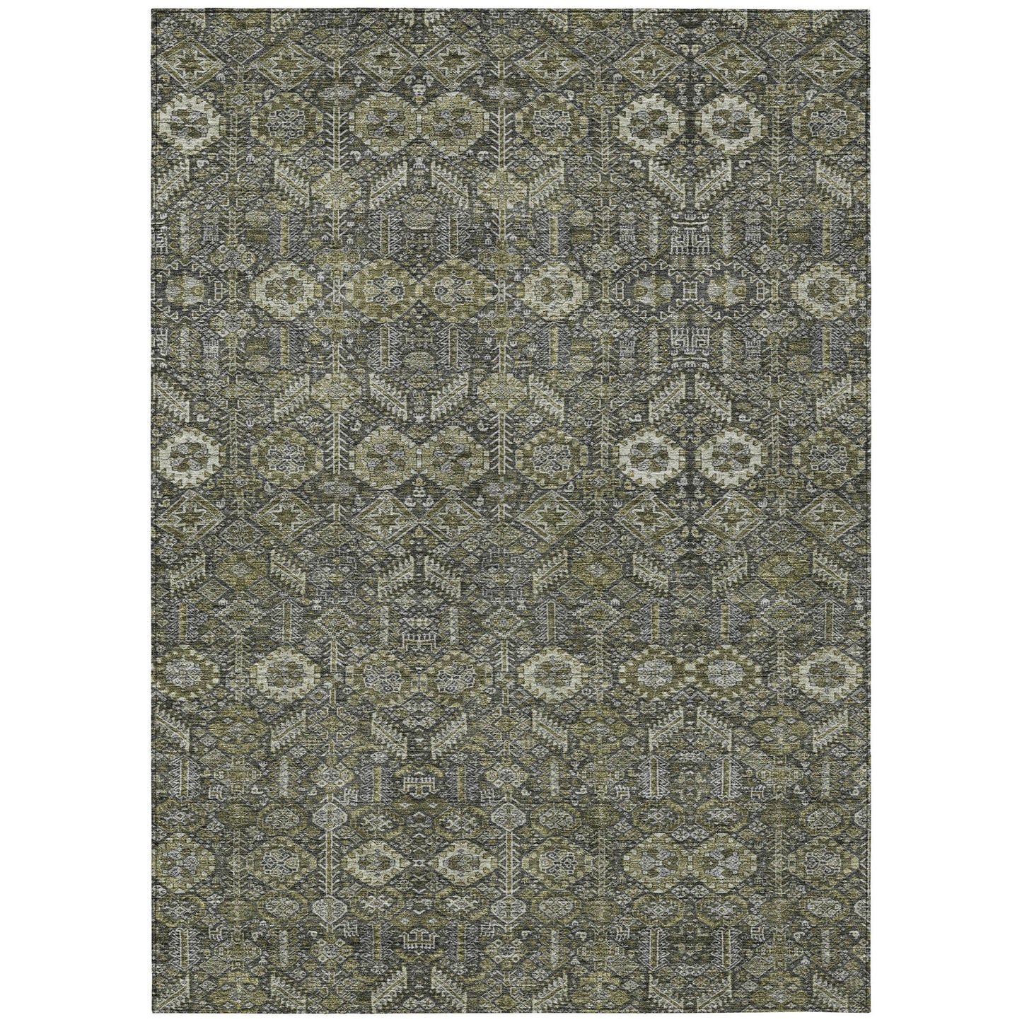 5' X 8' Moss Green and Gray Floral Washable Non Skid Indoor Outdoor Area Rug