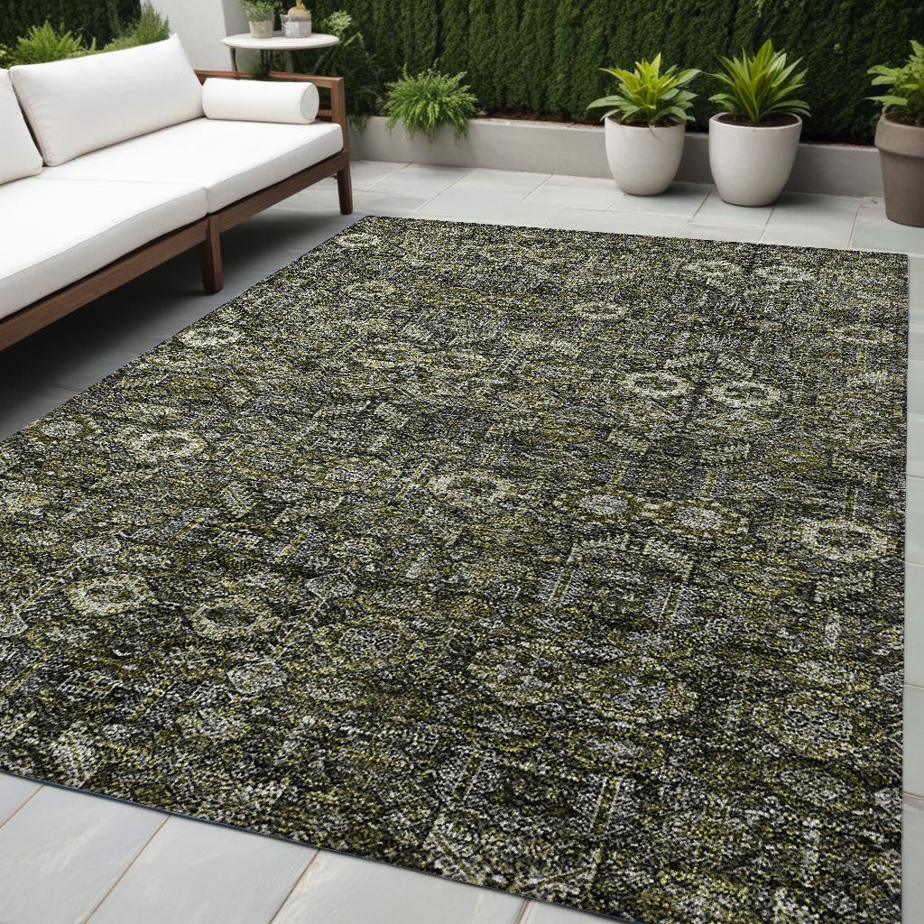 5' X 8' Moss Green and Gray Floral Washable Non Skid Indoor Outdoor Area Rug