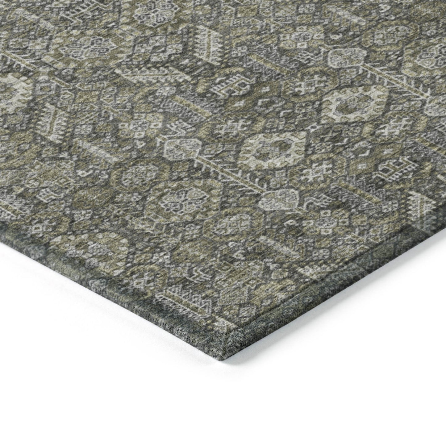 5' X 8' Moss Green and Gray Floral Washable Non Skid Indoor Outdoor Area Rug