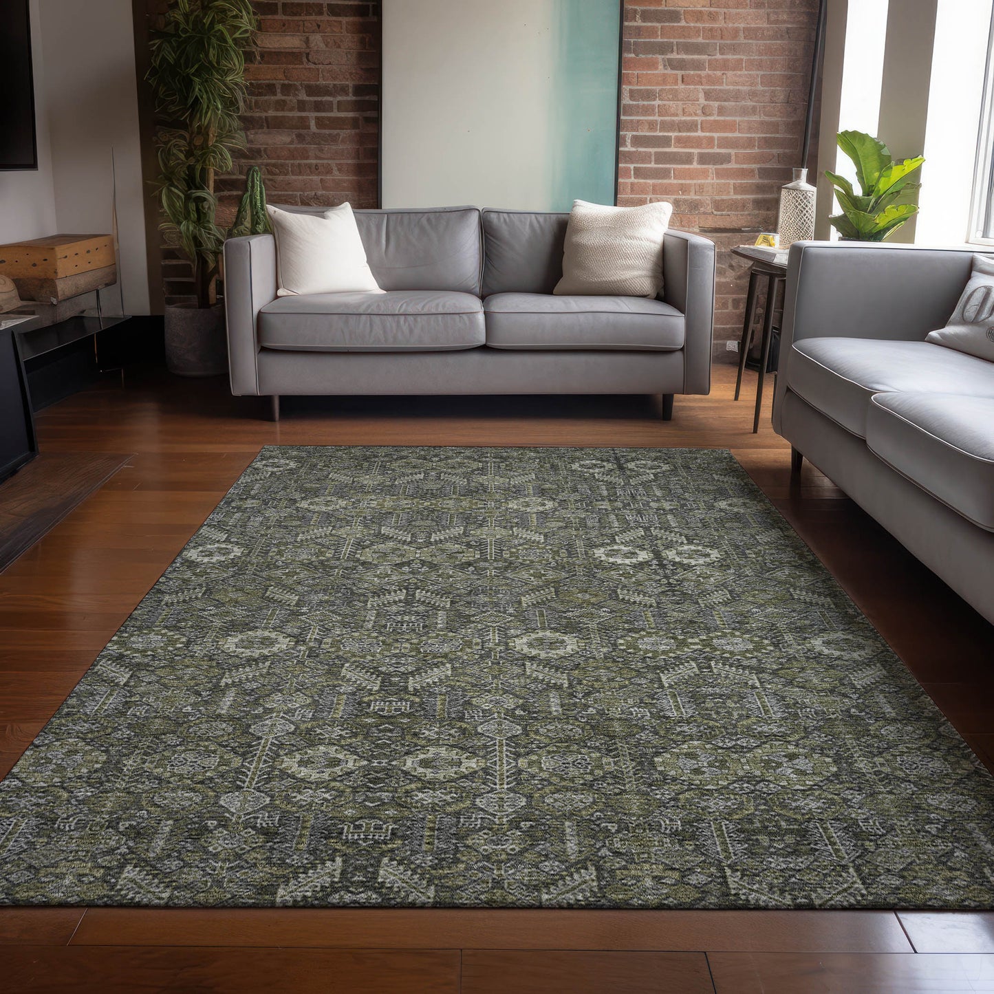 5' X 8' Moss Green and Gray Floral Washable Non Skid Indoor Outdoor Area Rug