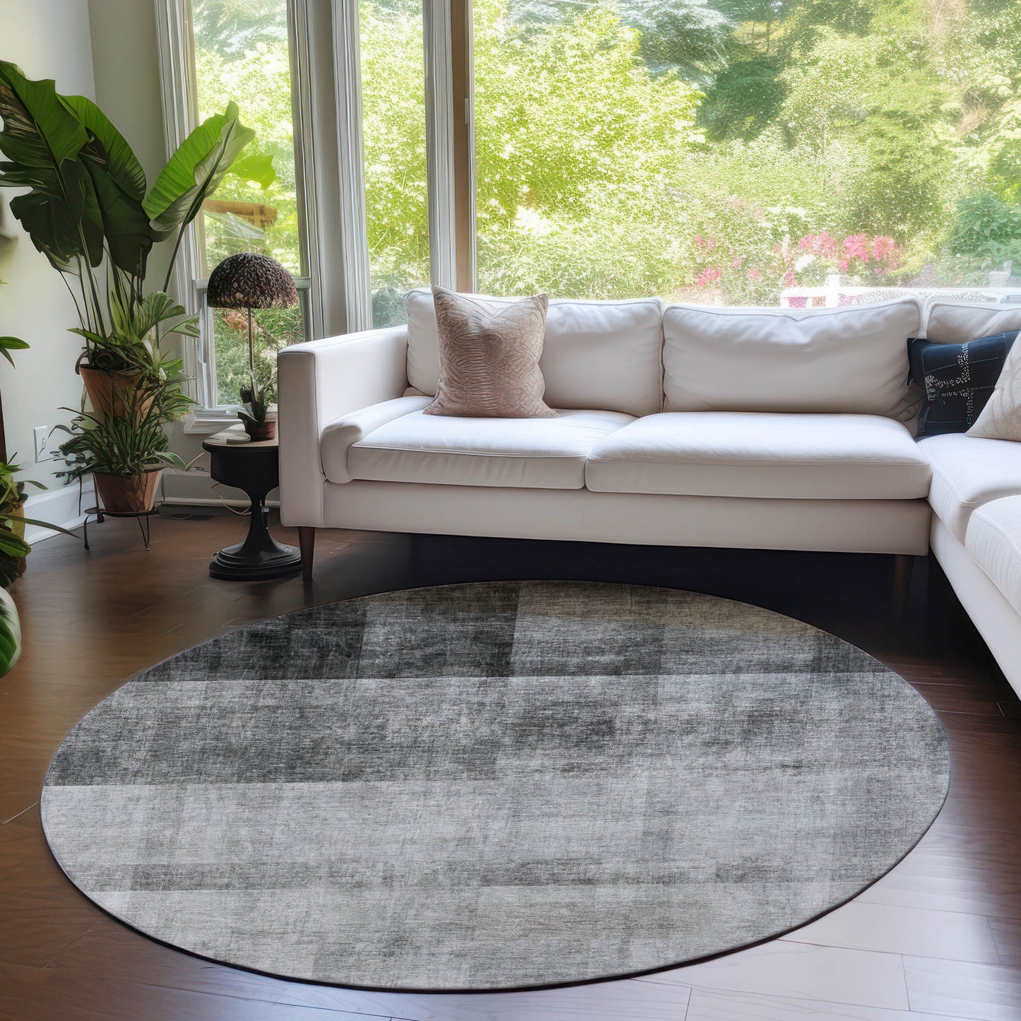 8' Round Gray Round Ombre Washable Non Skid Indoor Outdoor Area Rug