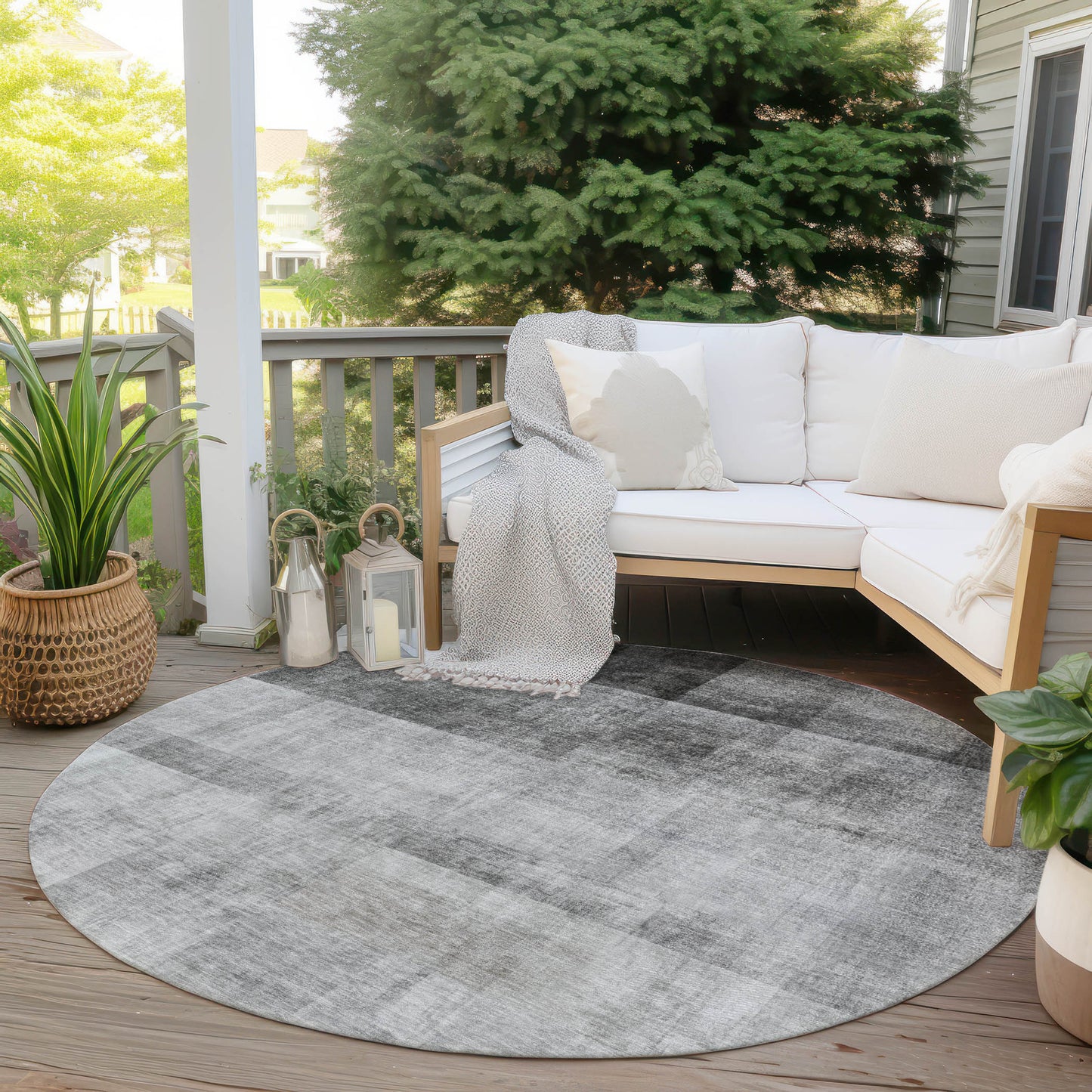 8' Round Gray Round Ombre Washable Non Skid Indoor Outdoor Area Rug