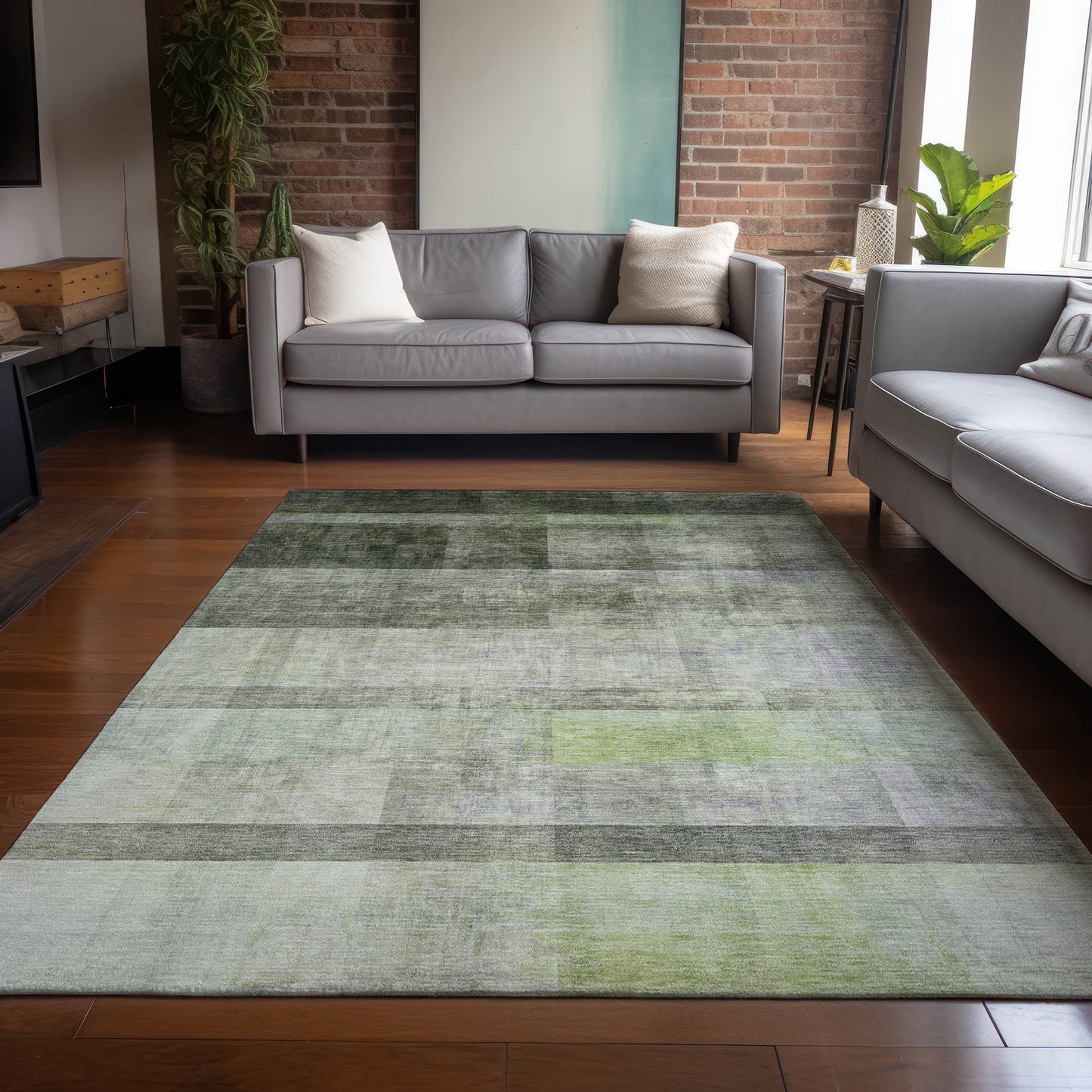 5' X 8' Olive Green Ombre Washable Non Skid Indoor Outdoor Area Rug