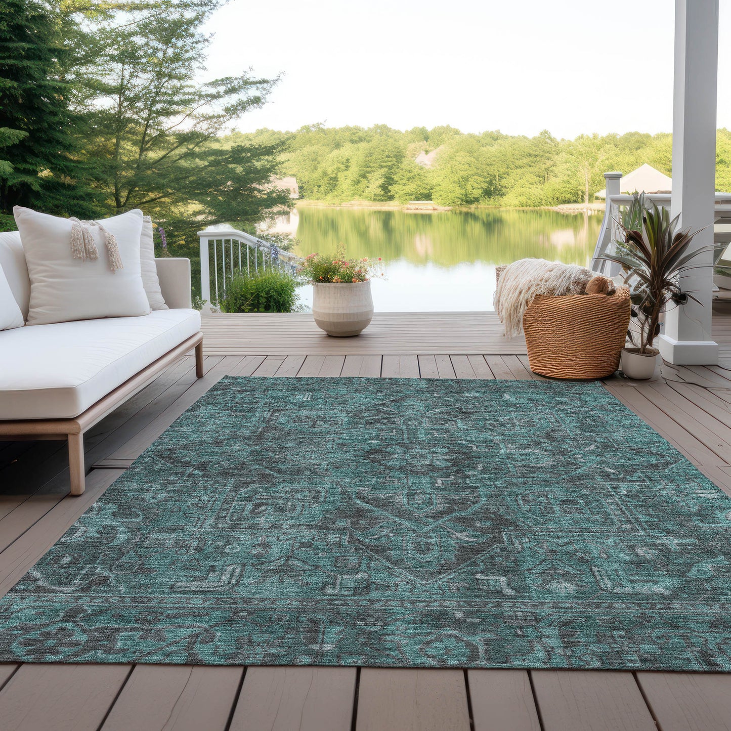 5' X 8' Turquoise Oriental Washable Non Skid Indoor Outdoor Area Rug