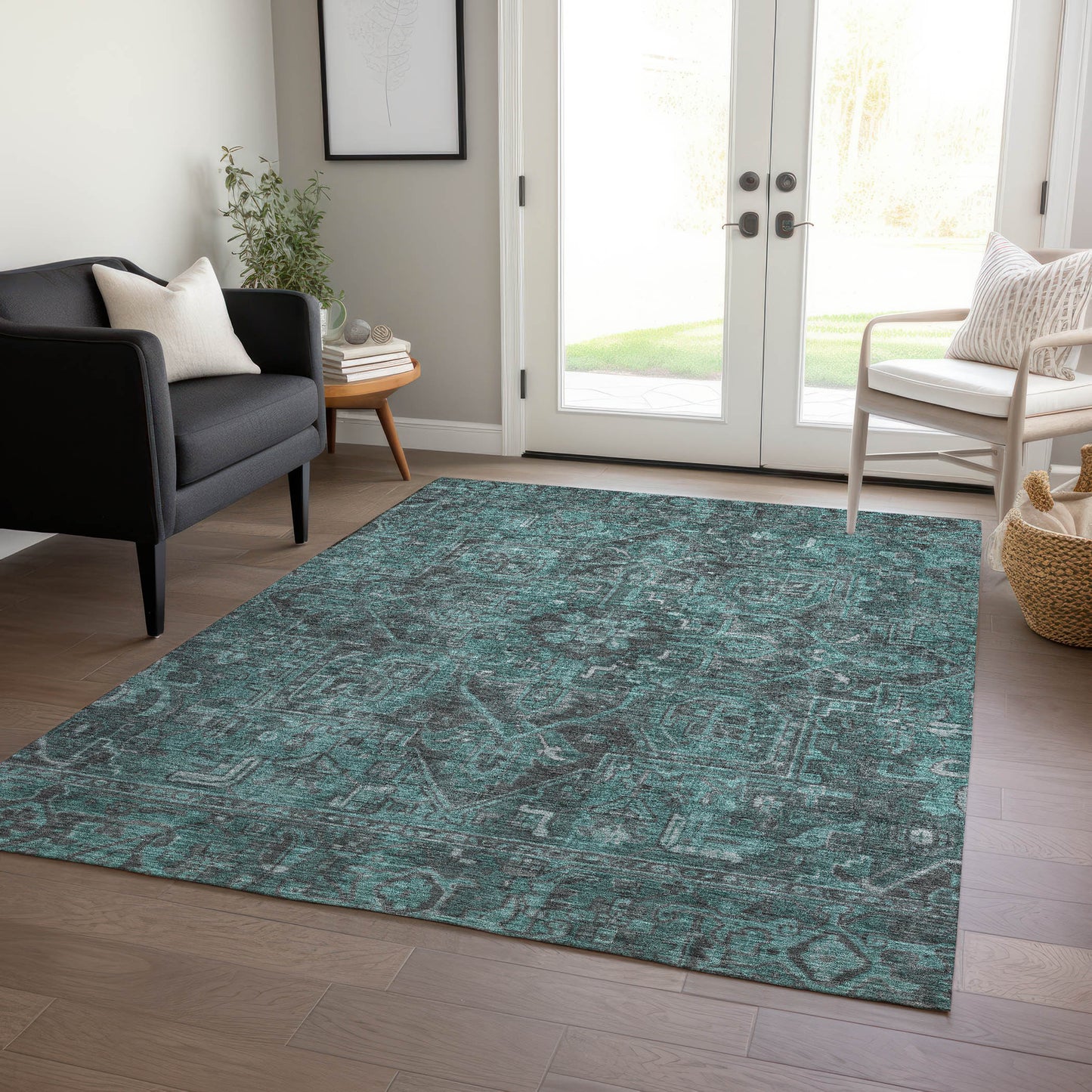 5' X 8' Turquoise Oriental Washable Non Skid Indoor Outdoor Area Rug