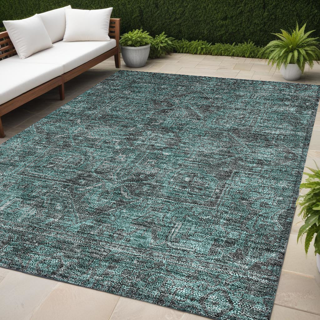 5' X 8' Turquoise Oriental Washable Non Skid Indoor Outdoor Area Rug