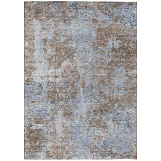 5' X 8' Mocha and Blue Abstract Washable Non Skid Indoor Outdoor Area Rug