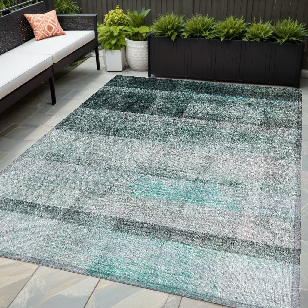 5' X 8' Teal Ombre Washable Non Skid Indoor Outdoor Area Rug