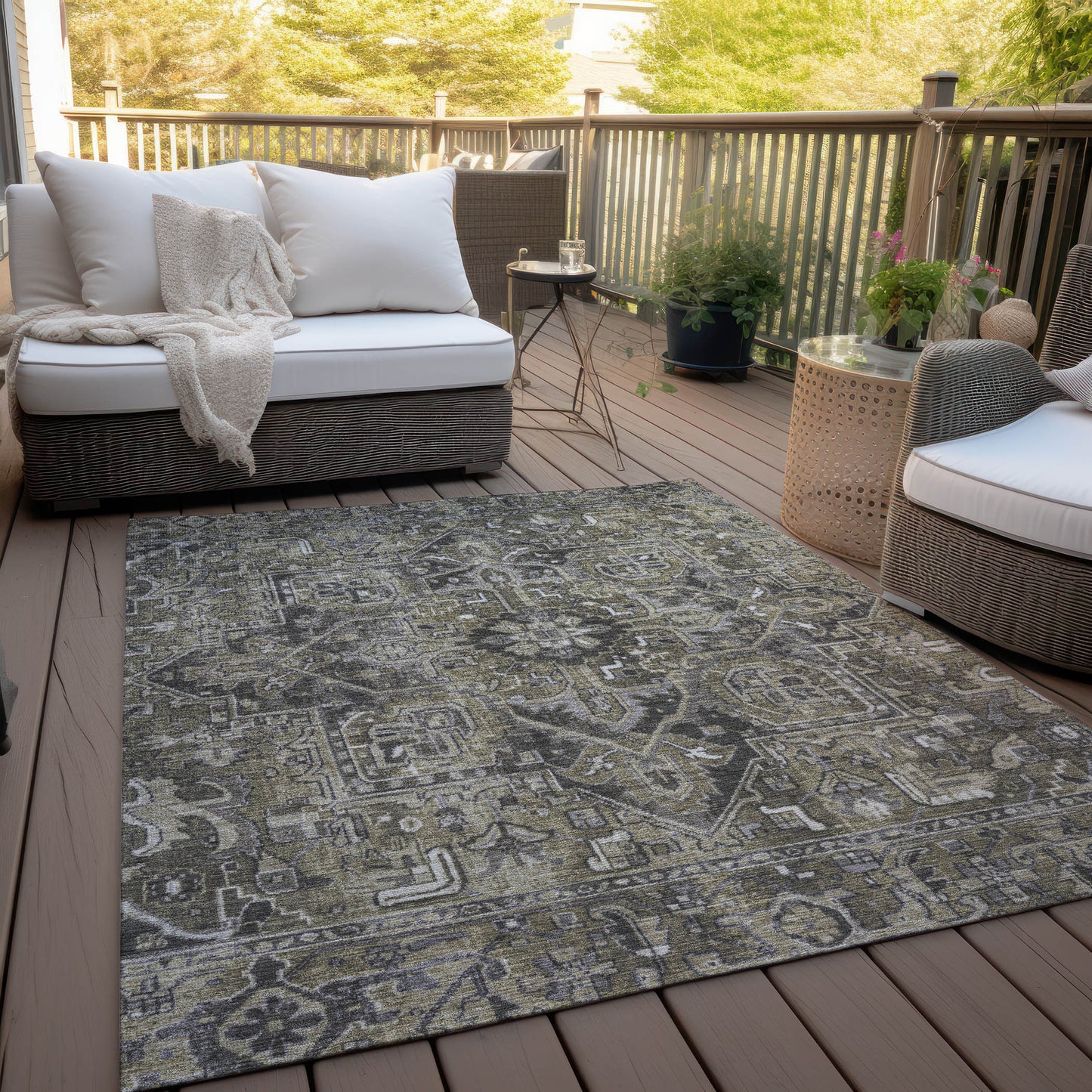 5' X 8' Taupe and Dark Taupe Oriental Washable Non Skid Indoor Outdoor Area Rug