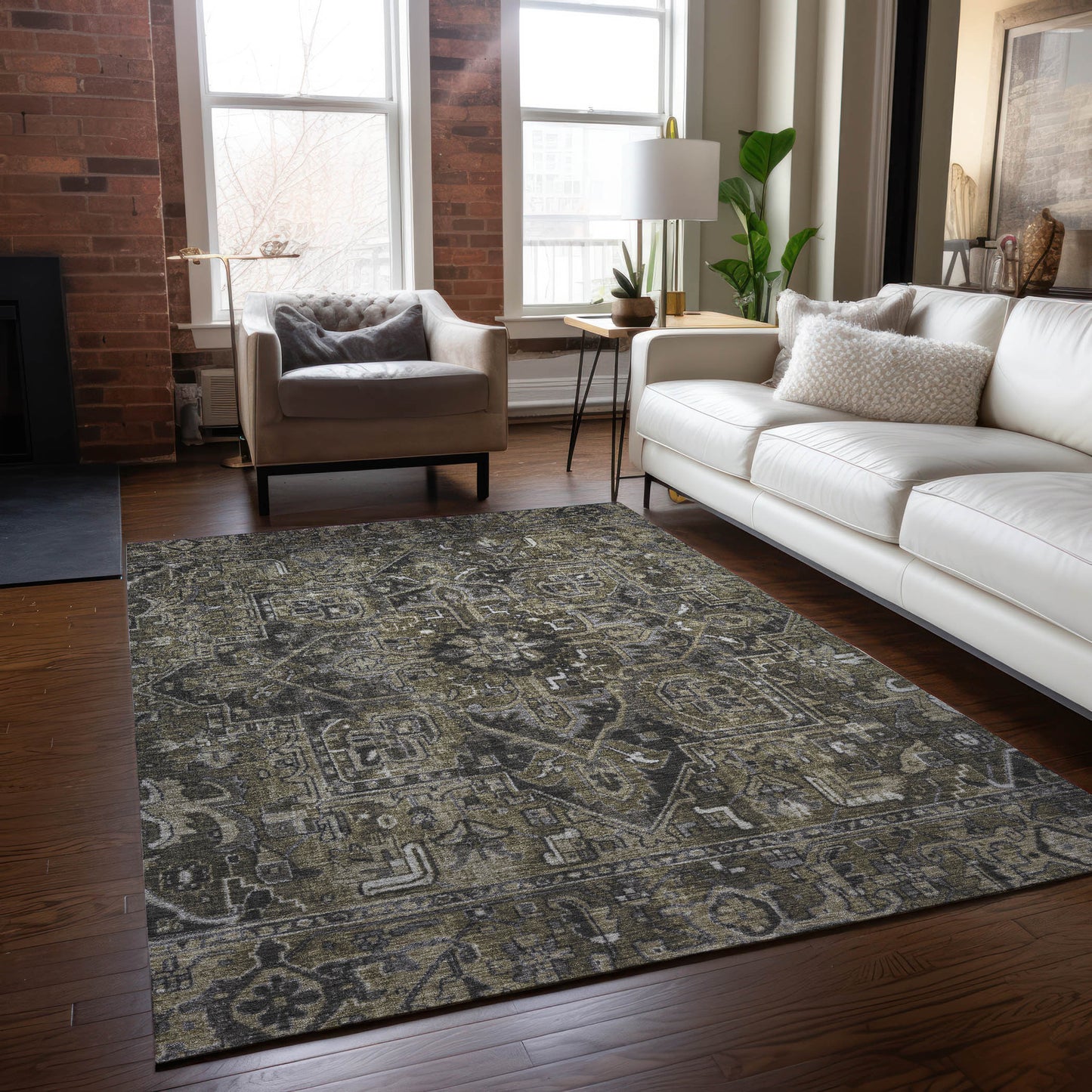 5' X 8' Taupe and Dark Taupe Oriental Washable Non Skid Indoor Outdoor Area Rug