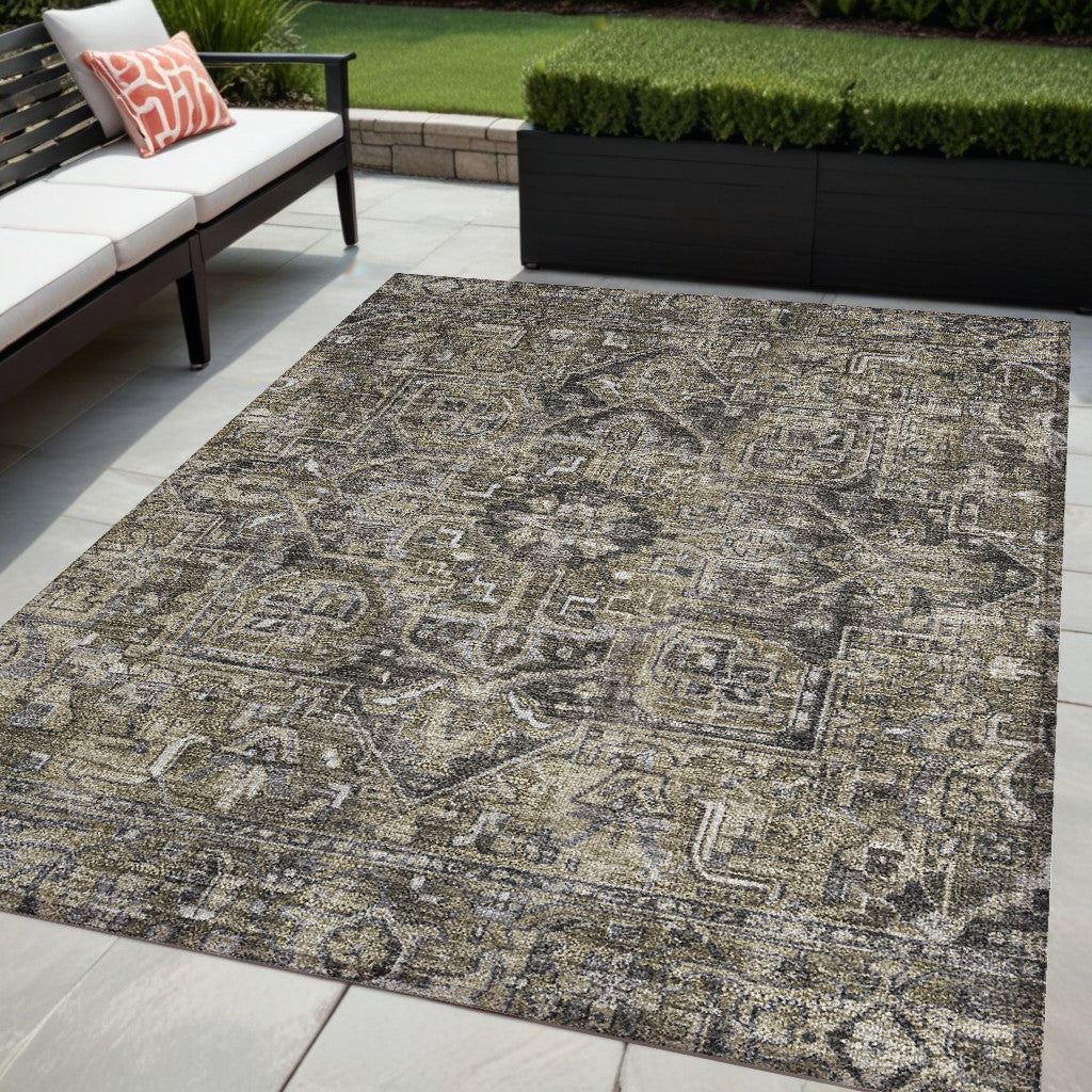 5' X 8' Taupe and Dark Taupe Oriental Washable Non Skid Indoor Outdoor Area Rug