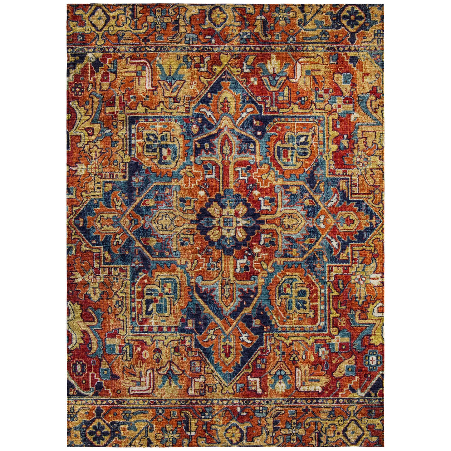 5' X 8' Red Orange and Blue Oriental Washable Non Skid Indoor Outdoor Area Rug