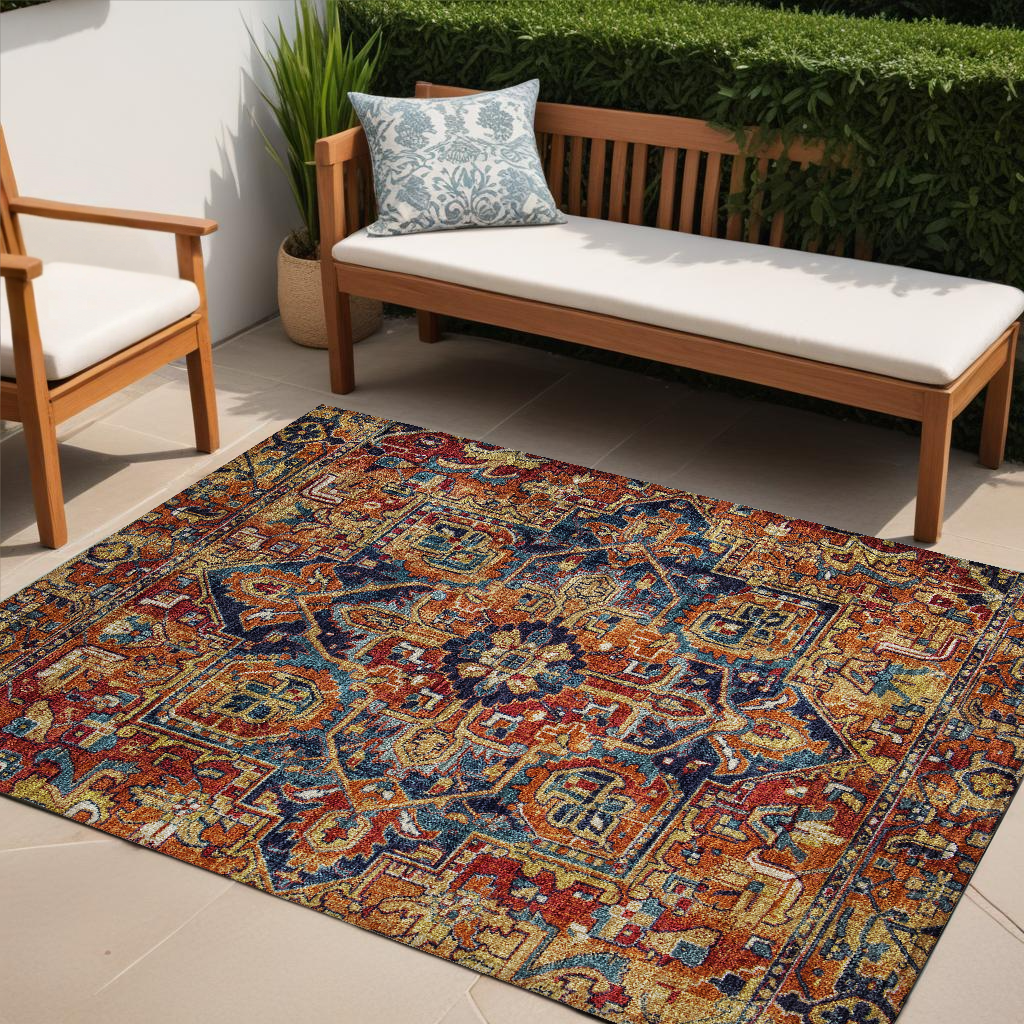 5' X 8' Red Orange and Blue Oriental Washable Non Skid Indoor Outdoor Area Rug