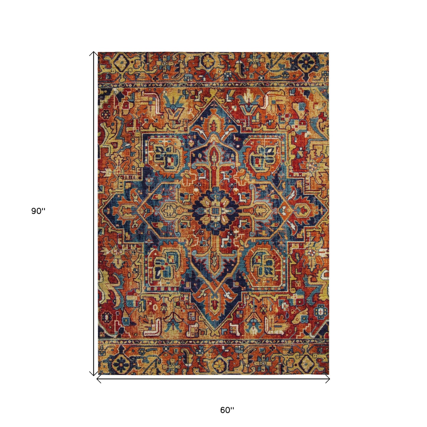 5' X 8' Red Orange and Blue Oriental Washable Non Skid Indoor Outdoor Area Rug