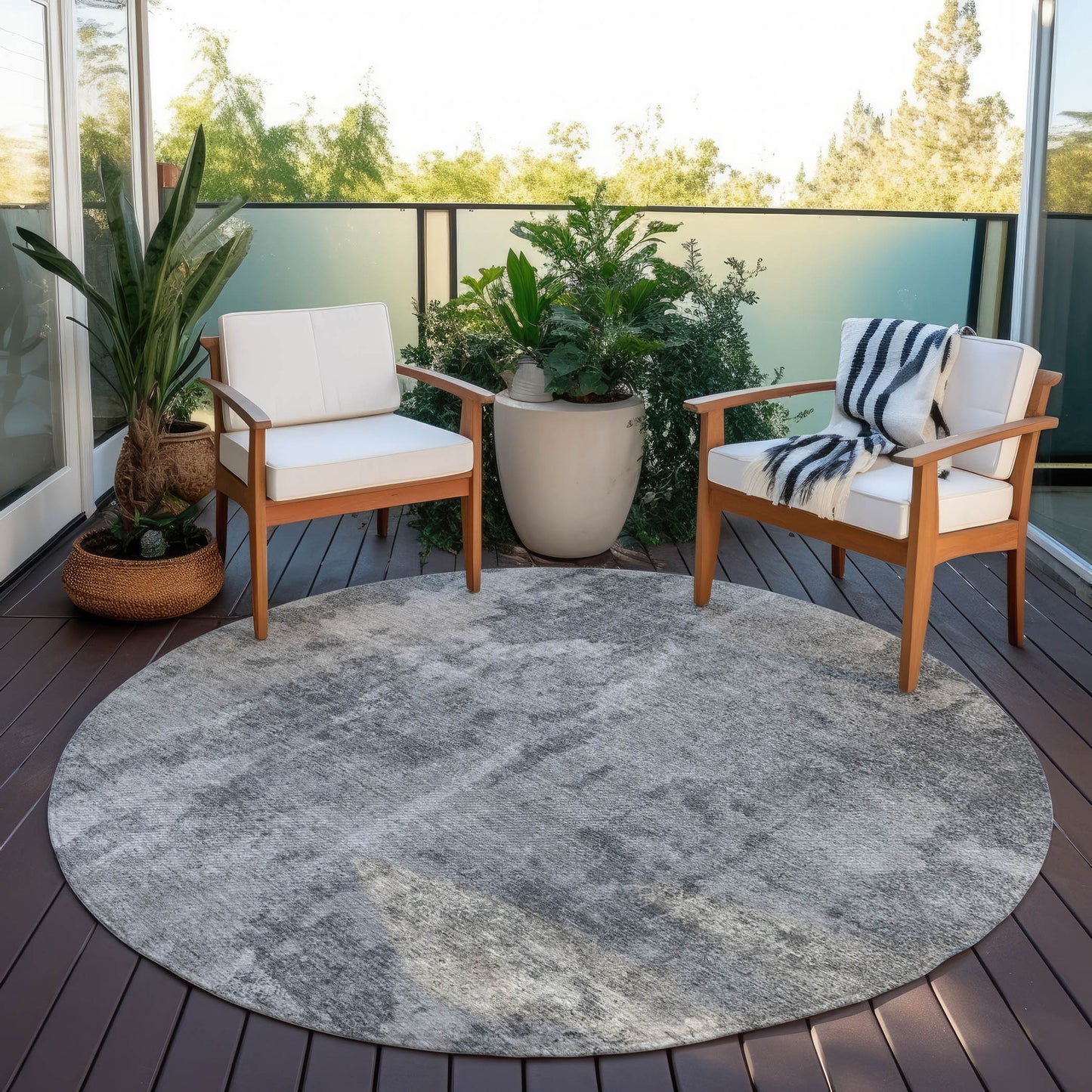 8' Round Gray Round Abstract Washable Non Skid Indoor Outdoor Area Rug