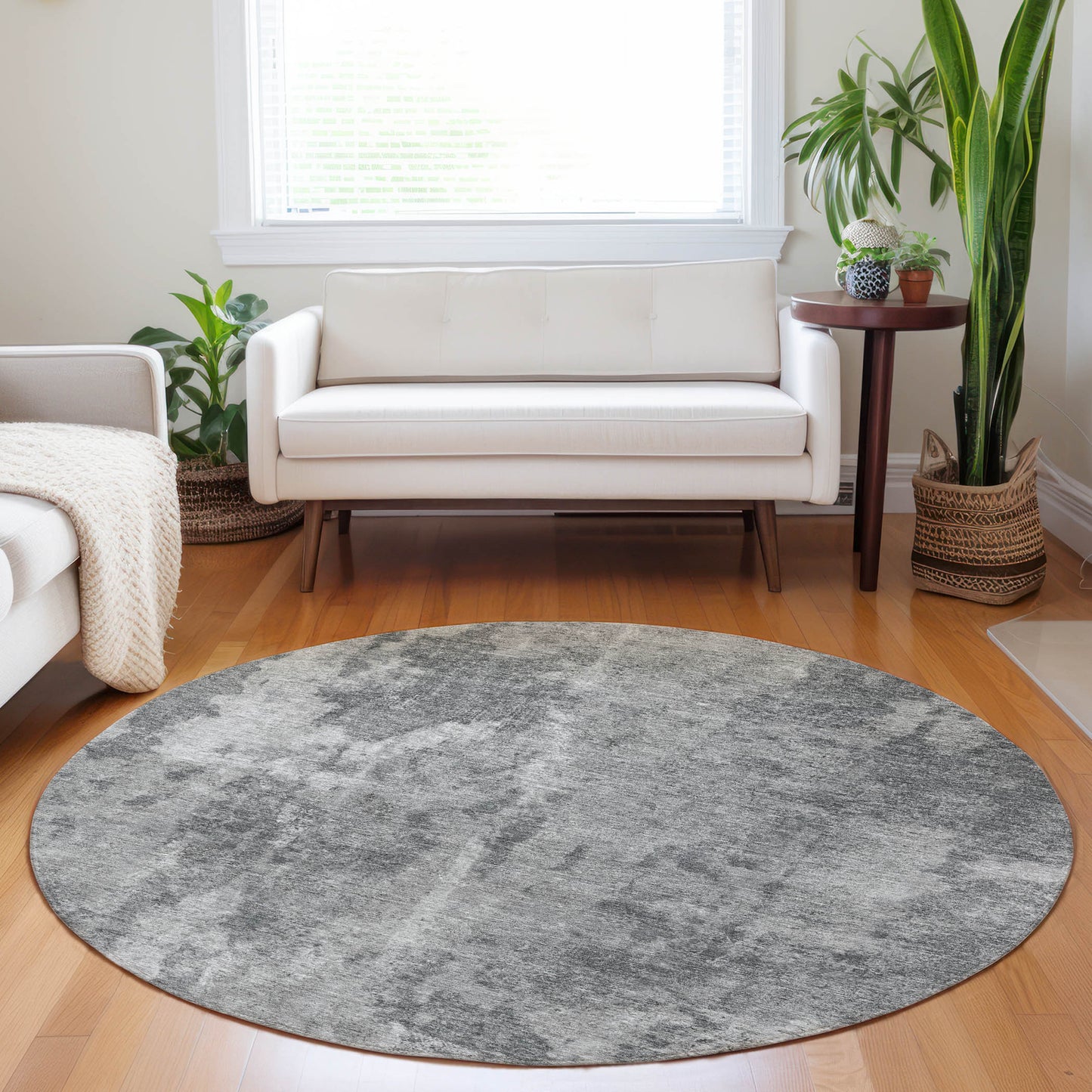 8' Round Gray Round Abstract Washable Non Skid Indoor Outdoor Area Rug