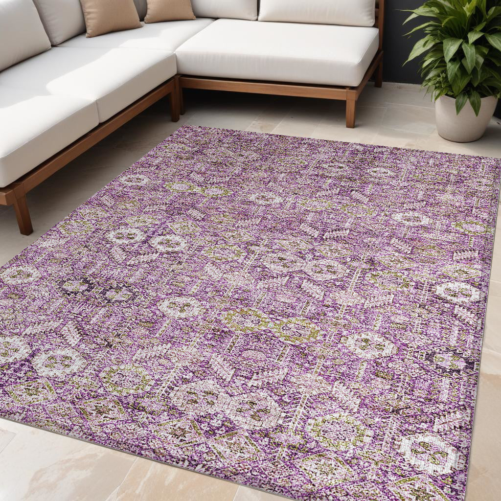 5' X 8' Lavender and Ivory Floral Washable Non Skid Indoor Outdoor Area Rug