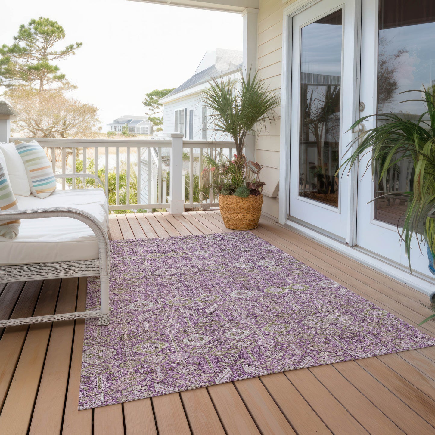 5' X 8' Lavender and Ivory Floral Washable Non Skid Indoor Outdoor Area Rug