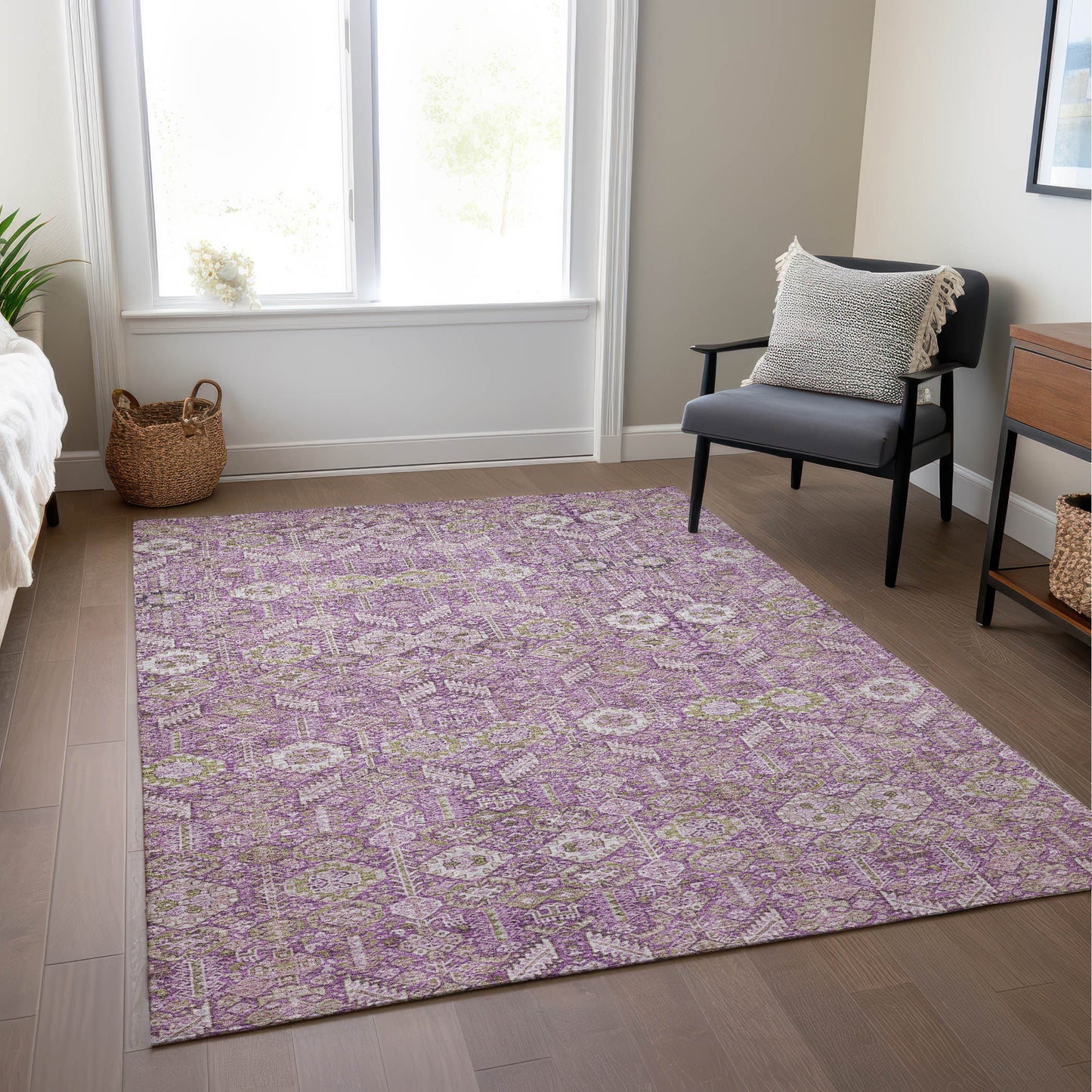 5' X 8' Lavender and Ivory Floral Washable Non Skid Indoor Outdoor Area Rug