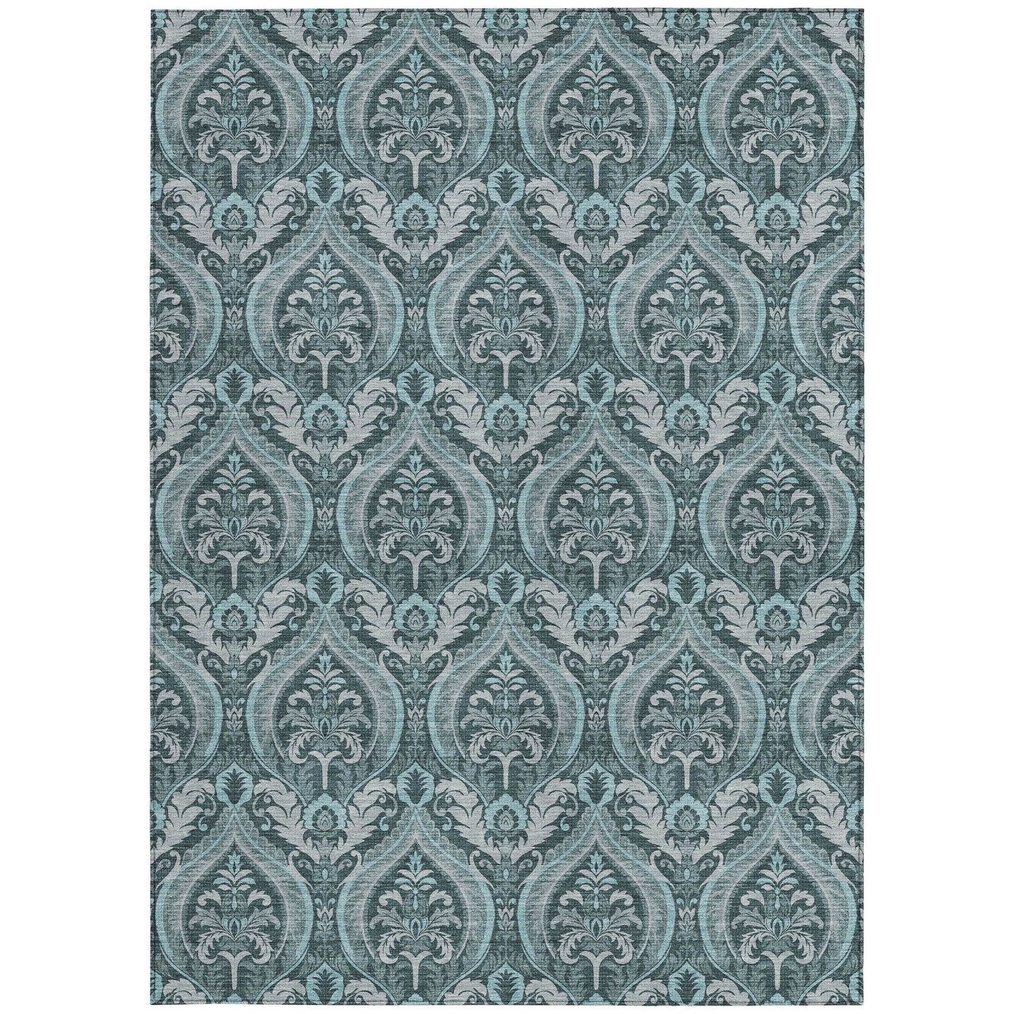 5' X 8' Teal Damask Washable Non Skid Indoor Outdoor Area Rug