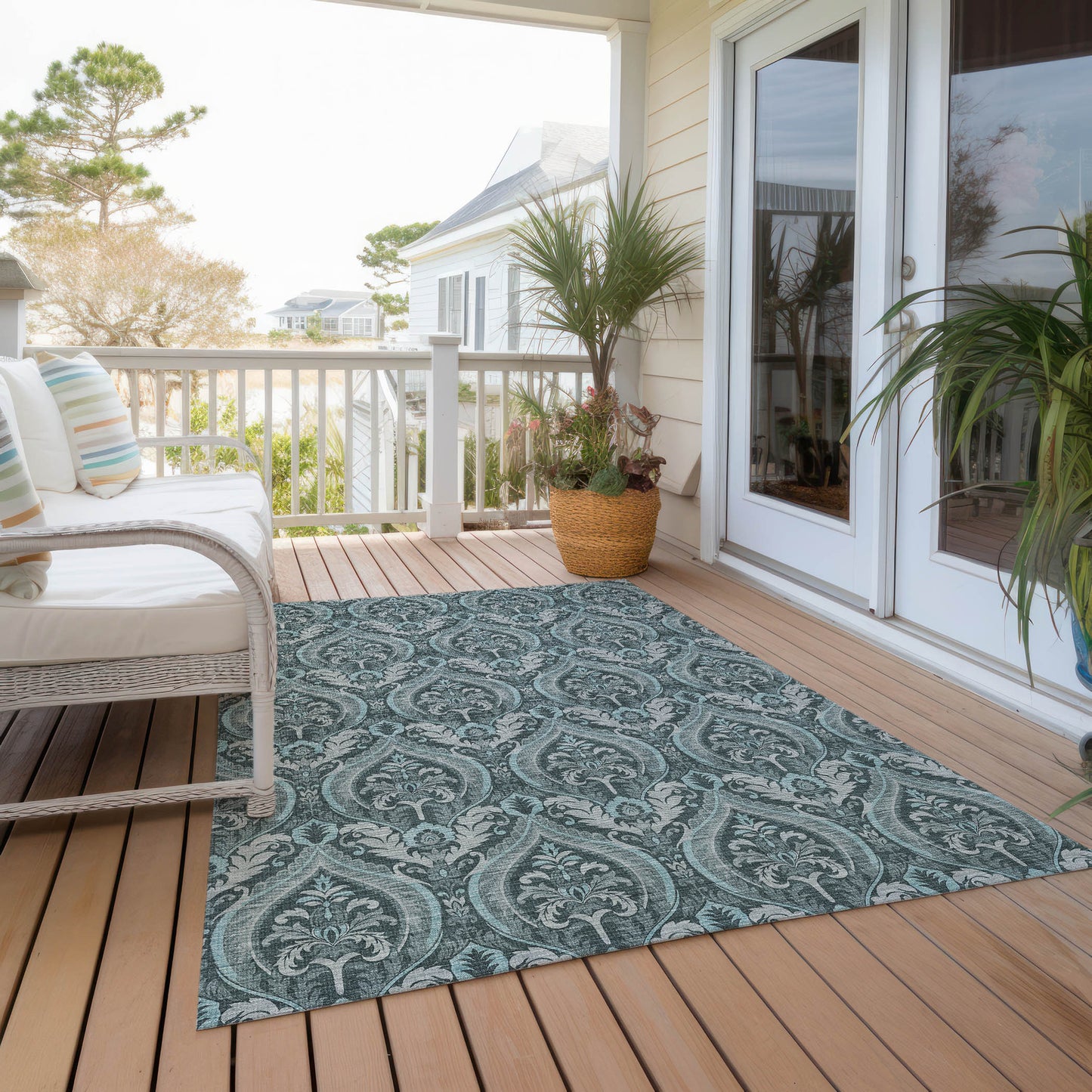 5' X 8' Teal Damask Washable Non Skid Indoor Outdoor Area Rug