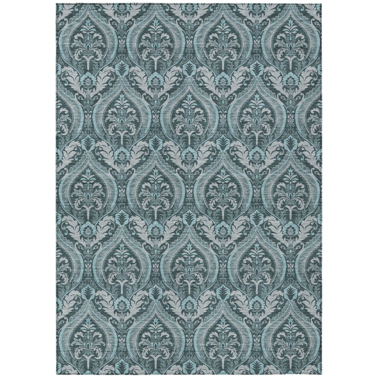 5' X 8' Teal Damask Washable Non Skid Indoor Outdoor Area Rug