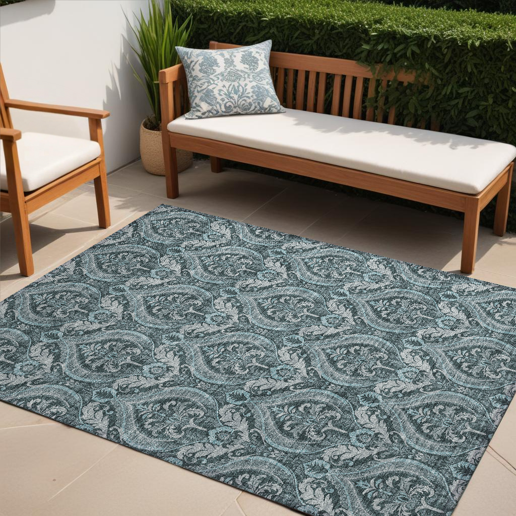 5' X 8' Teal Damask Washable Non Skid Indoor Outdoor Area Rug