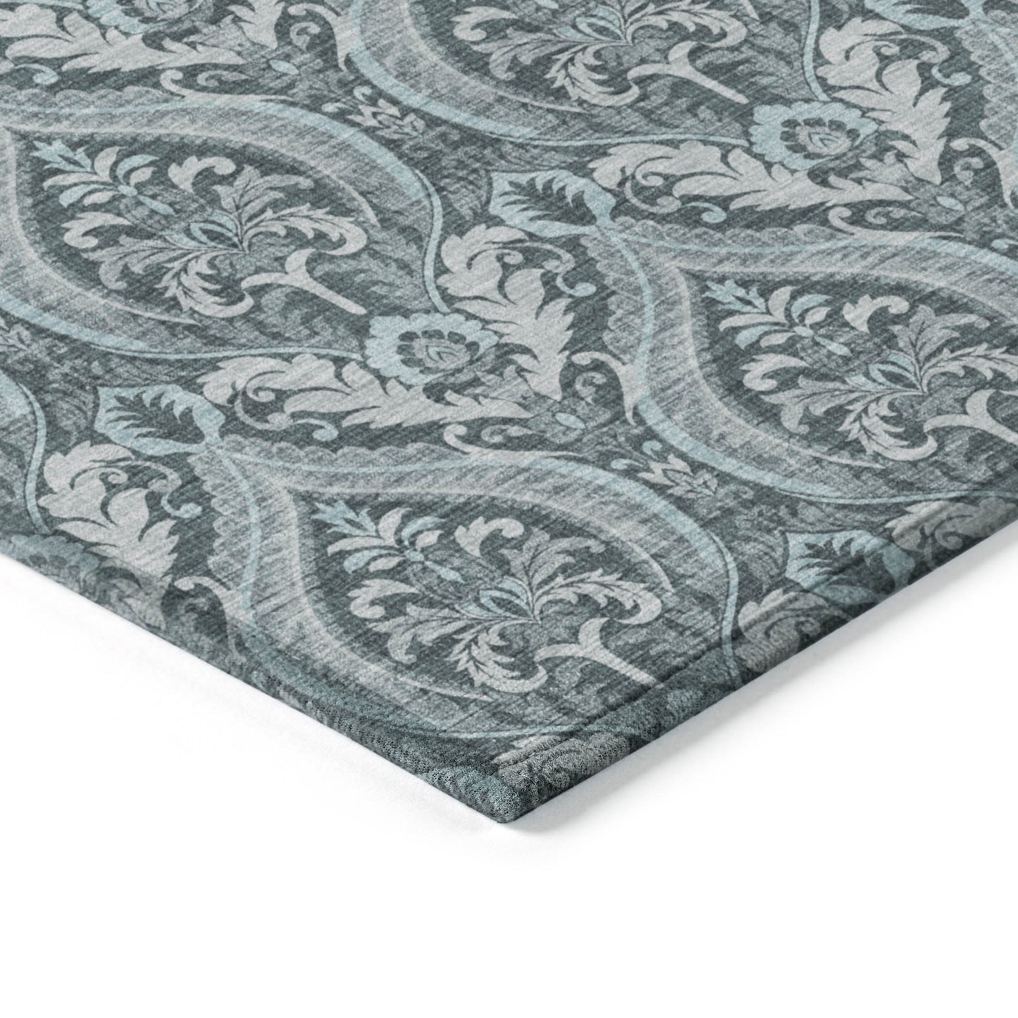 5' X 8' Teal Damask Washable Non Skid Indoor Outdoor Area Rug