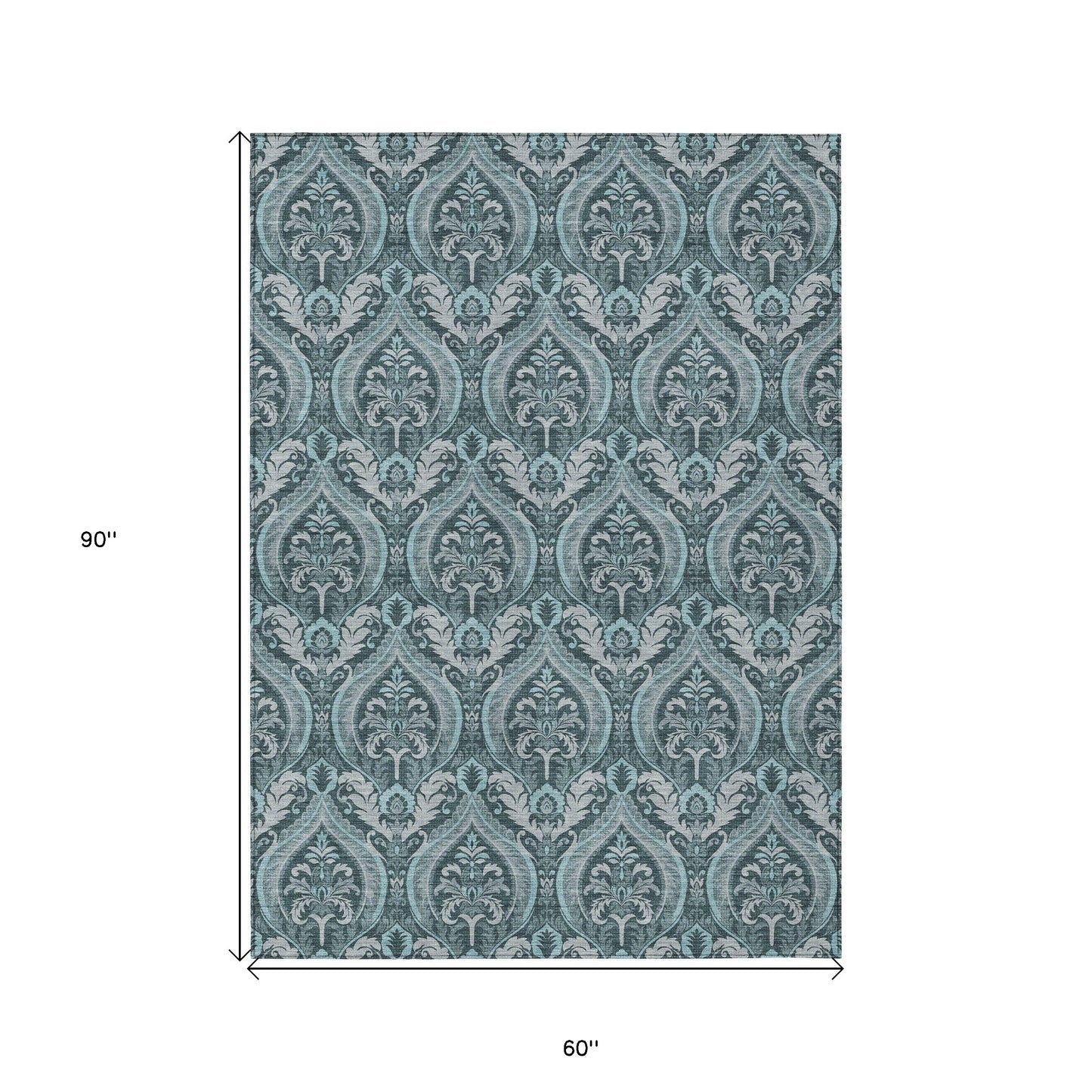 5' X 8' Teal Damask Washable Non Skid Indoor Outdoor Area Rug