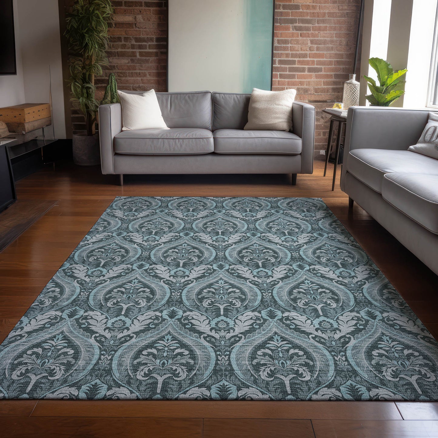 5' X 8' Teal Damask Washable Non Skid Indoor Outdoor Area Rug