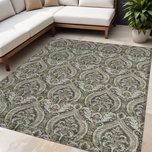 5' X 8' Taupe and Beige Damask Washable Non Skid Indoor Outdoor Area Rug