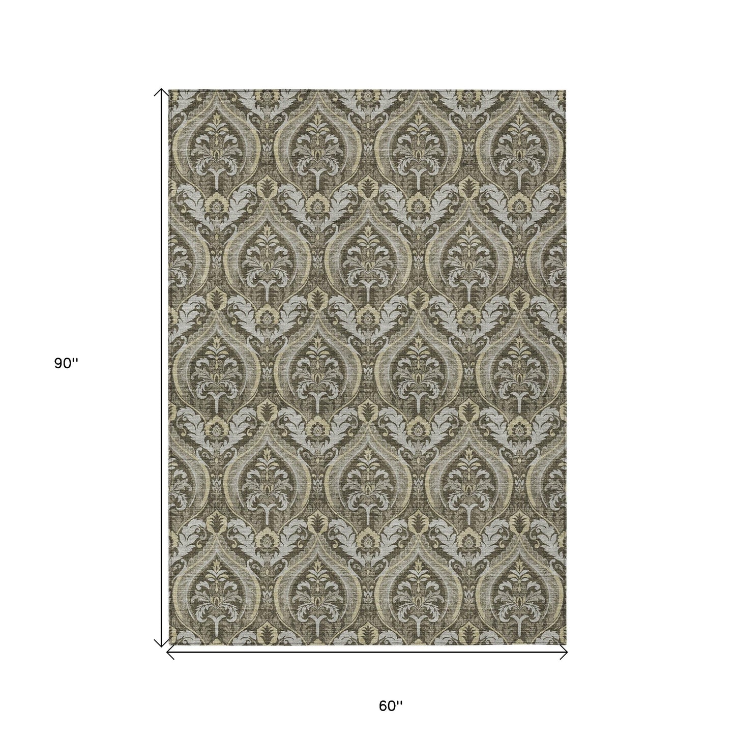 5' X 8' Taupe and Beige Damask Washable Non Skid Indoor Outdoor Area Rug