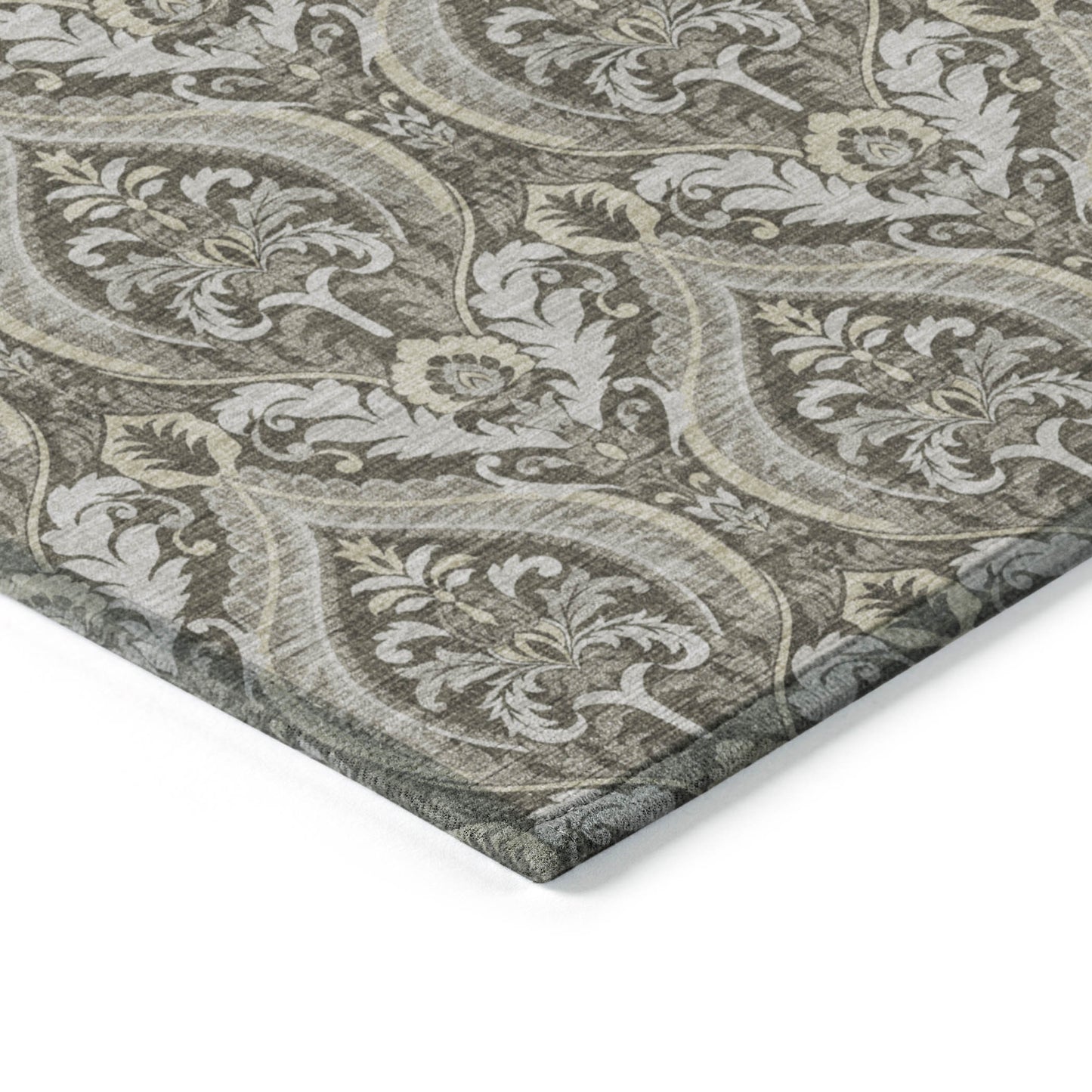 5' X 8' Taupe and Beige Damask Washable Non Skid Indoor Outdoor Area Rug