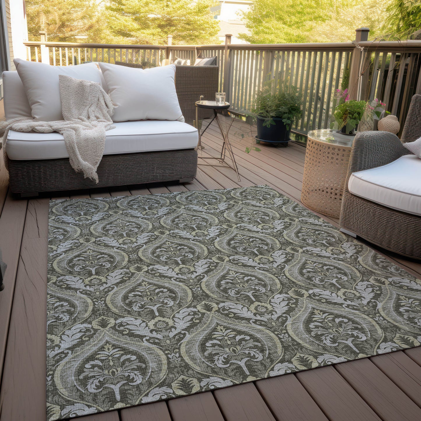 5' X 8' Taupe and Beige Damask Washable Non Skid Indoor Outdoor Area Rug