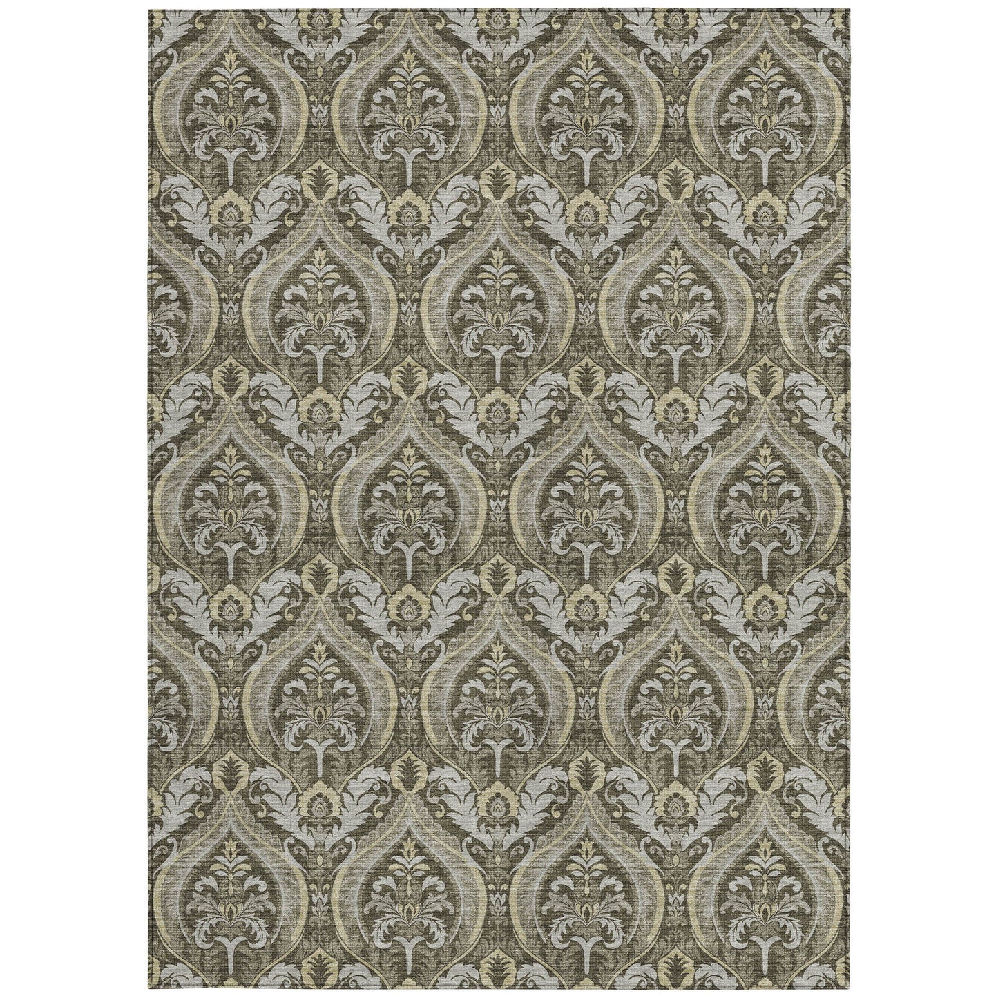 5' X 8' Taupe and Beige Damask Washable Non Skid Indoor Outdoor Area Rug