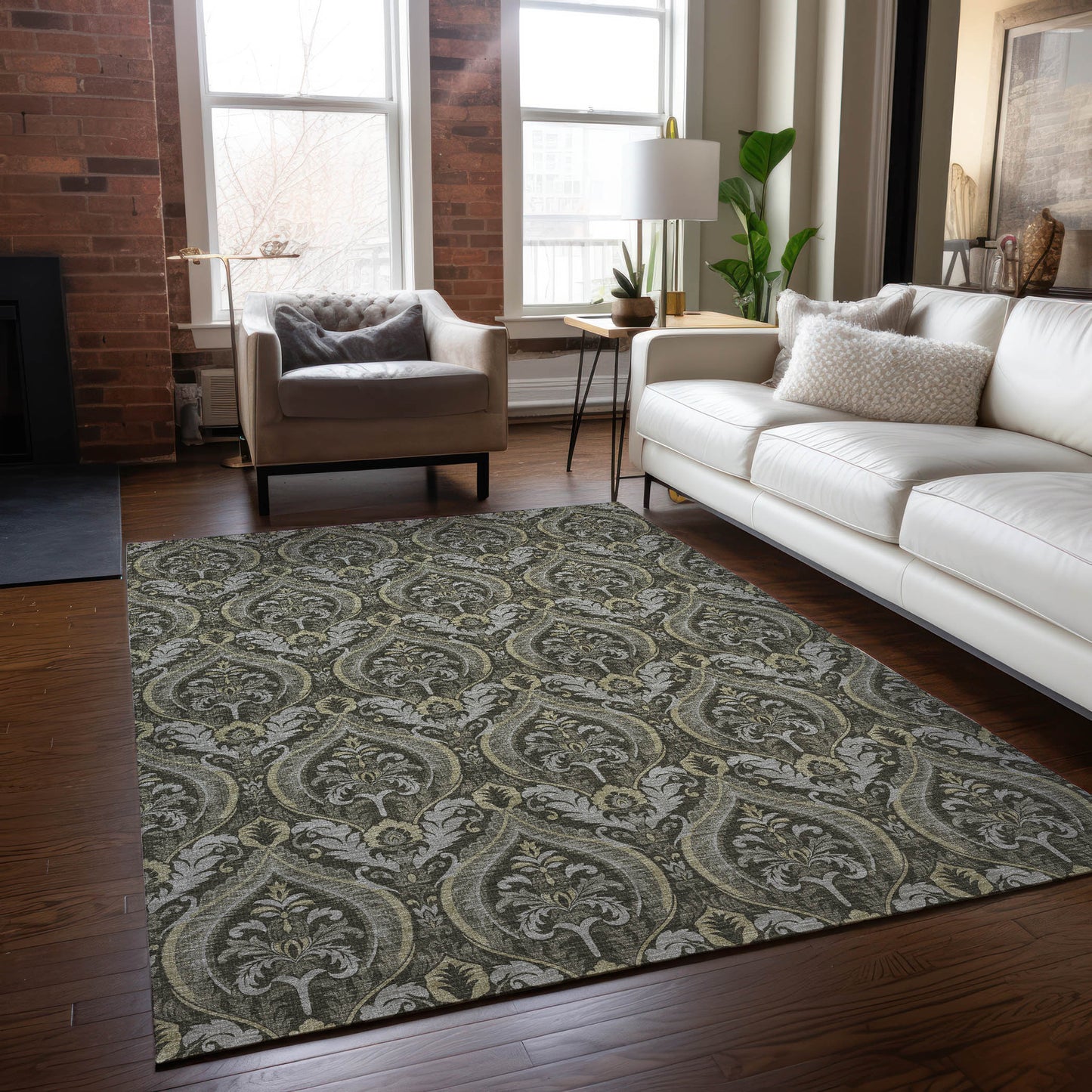 5' X 8' Taupe and Beige Damask Washable Non Skid Indoor Outdoor Area Rug