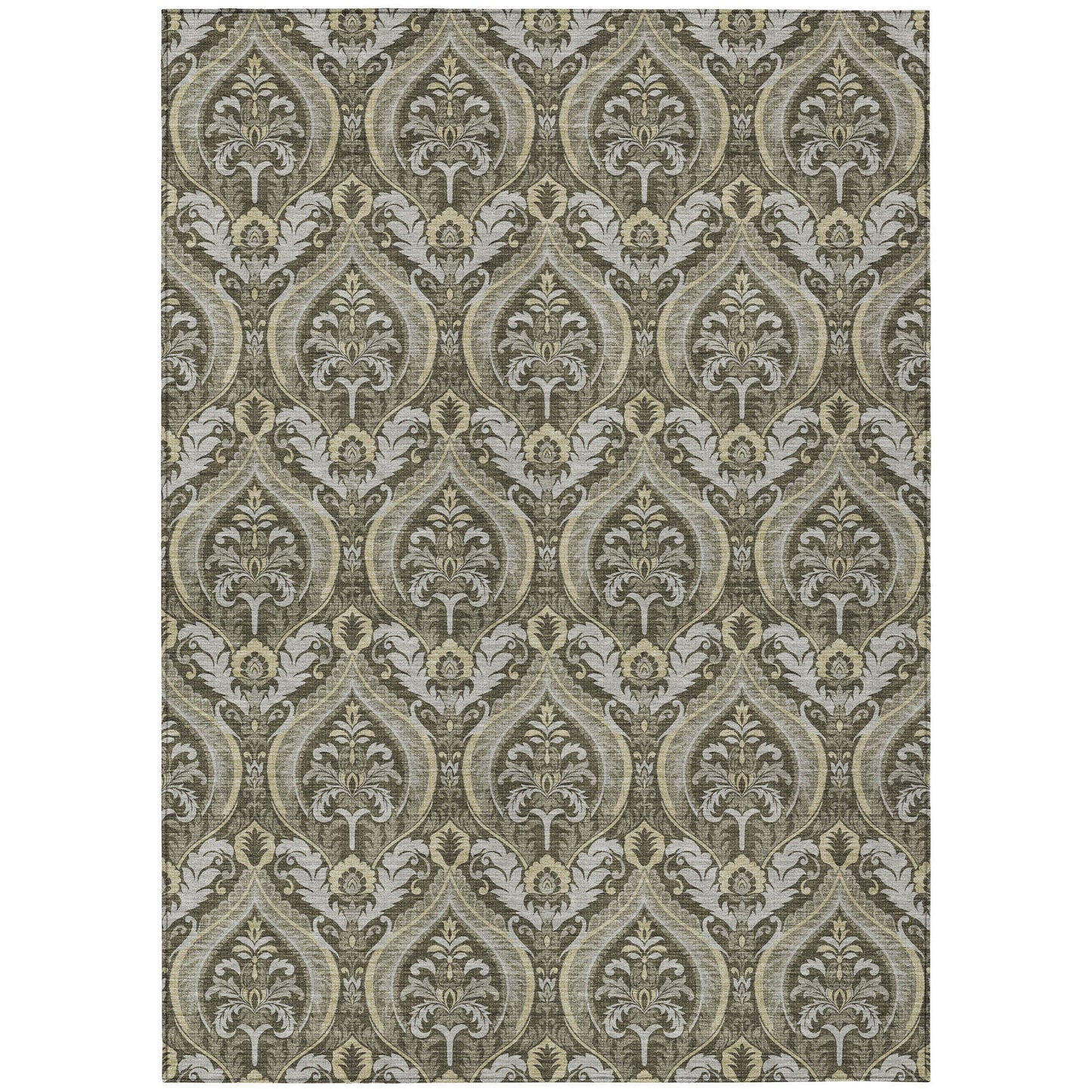 5' X 8' Taupe and Beige Damask Washable Non Skid Indoor Outdoor Area Rug