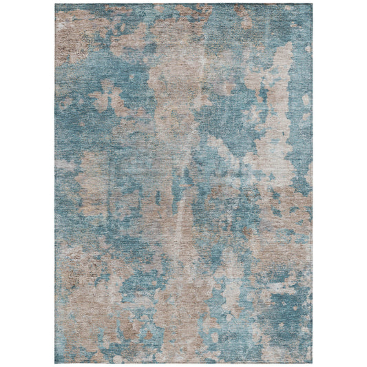 5' X 8' Teal and Taupe Abstract Washable Non Skid Indoor Outdoor Area Rug