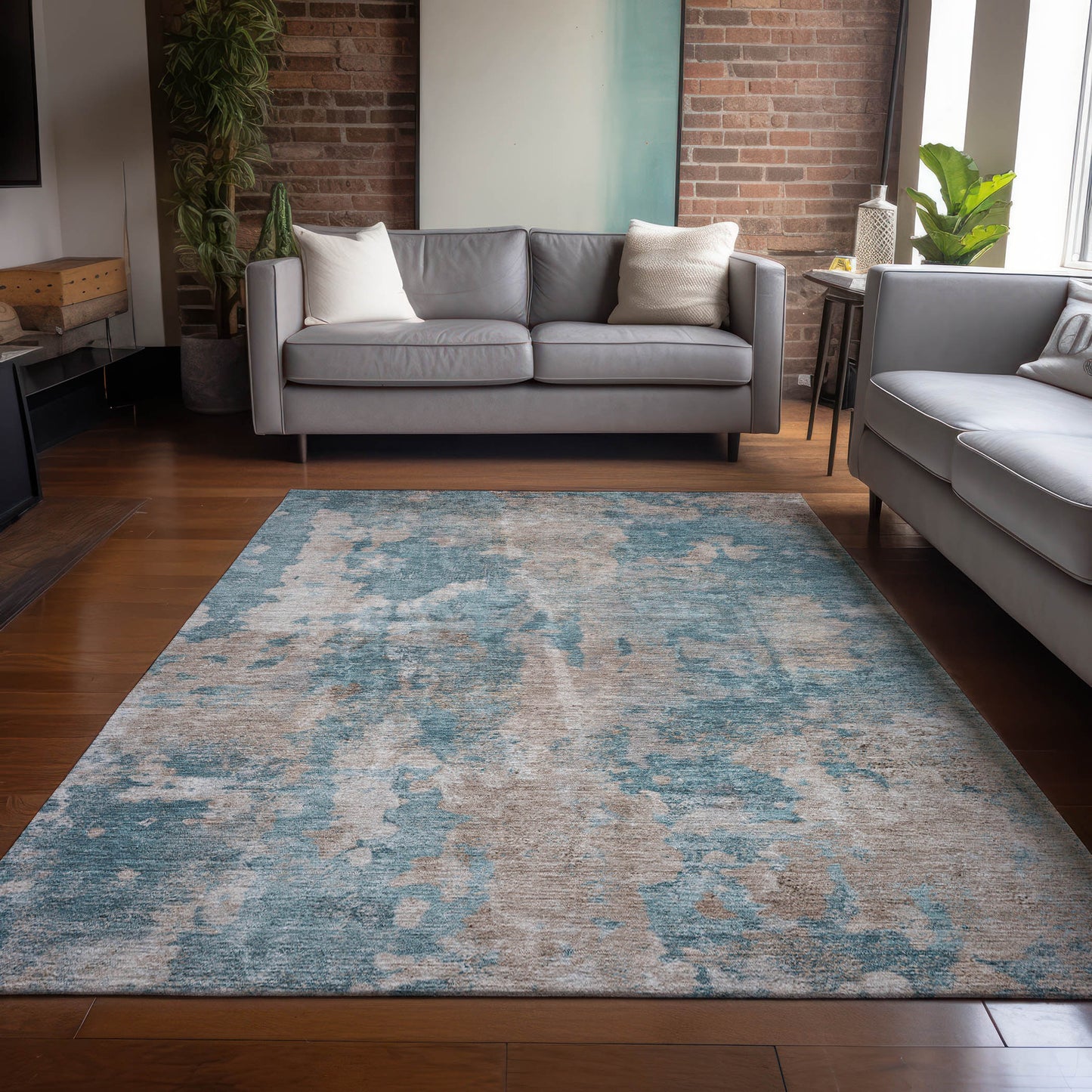 5' X 8' Teal and Taupe Abstract Washable Non Skid Indoor Outdoor Area Rug