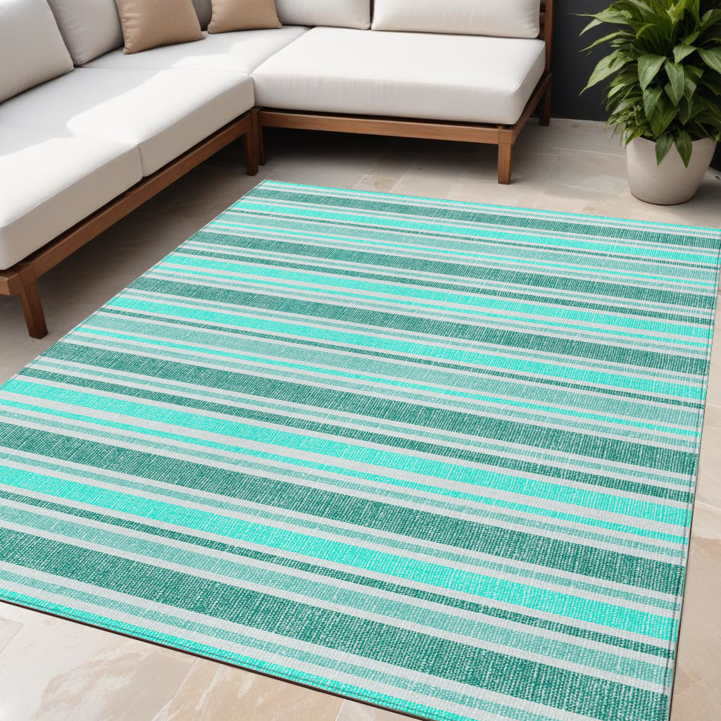 5' X 8' Turquoise Striped Washable Indoor Outdoor Area Rug