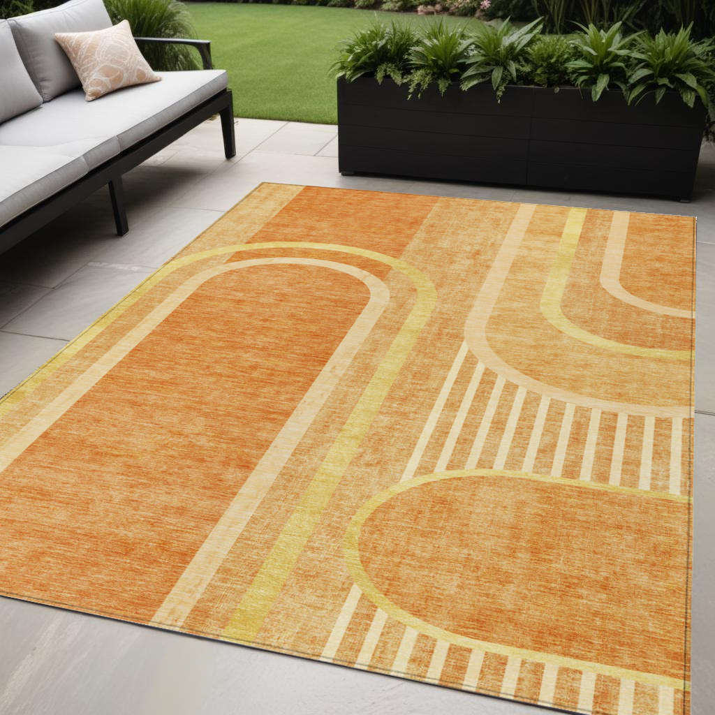 5' X 8' Terra Cotta Abstract Washable Indoor Outdoor Area Rug