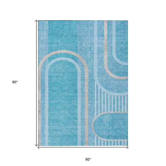 5' X 8' Teal Abstract Washable Indoor Outdoor Area Rug