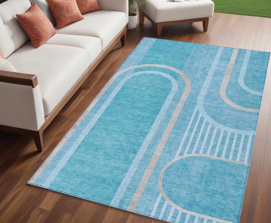 5' X 8' Teal Abstract Washable Indoor Outdoor Area Rug