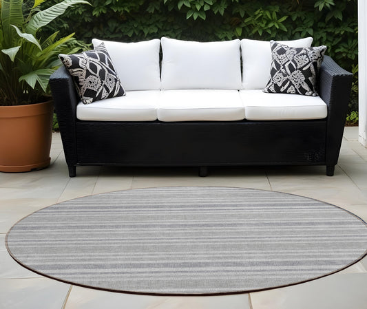 8' X 8' Black Silver and Gray Round Striped Washable Indoor Outdoor Area Rug