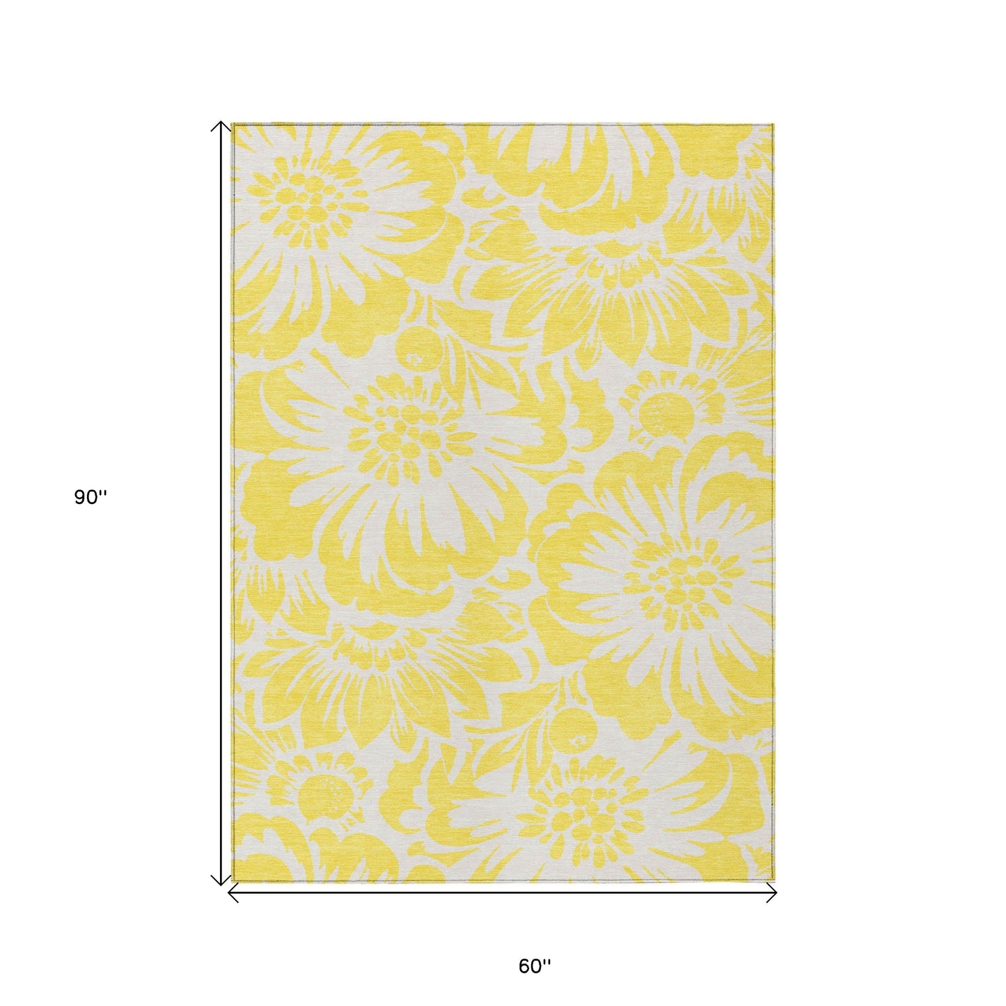 5' X 8' Yellow and Ivory Floral Washable Non Skid Indoor Outdoor Area Rug