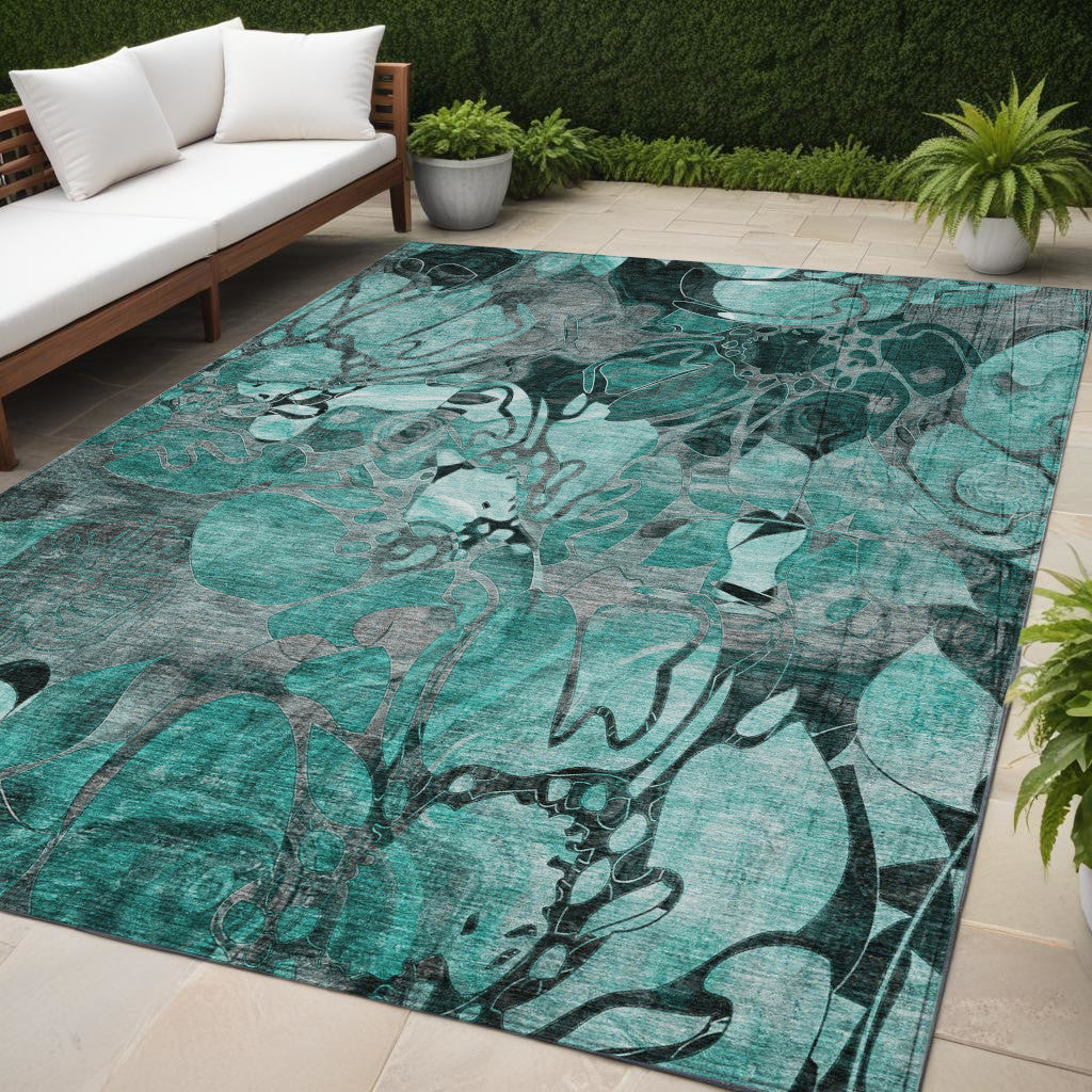 5' X 8' Teal Black and Gray Abstract Washable Indoor Outdoor Area Rug